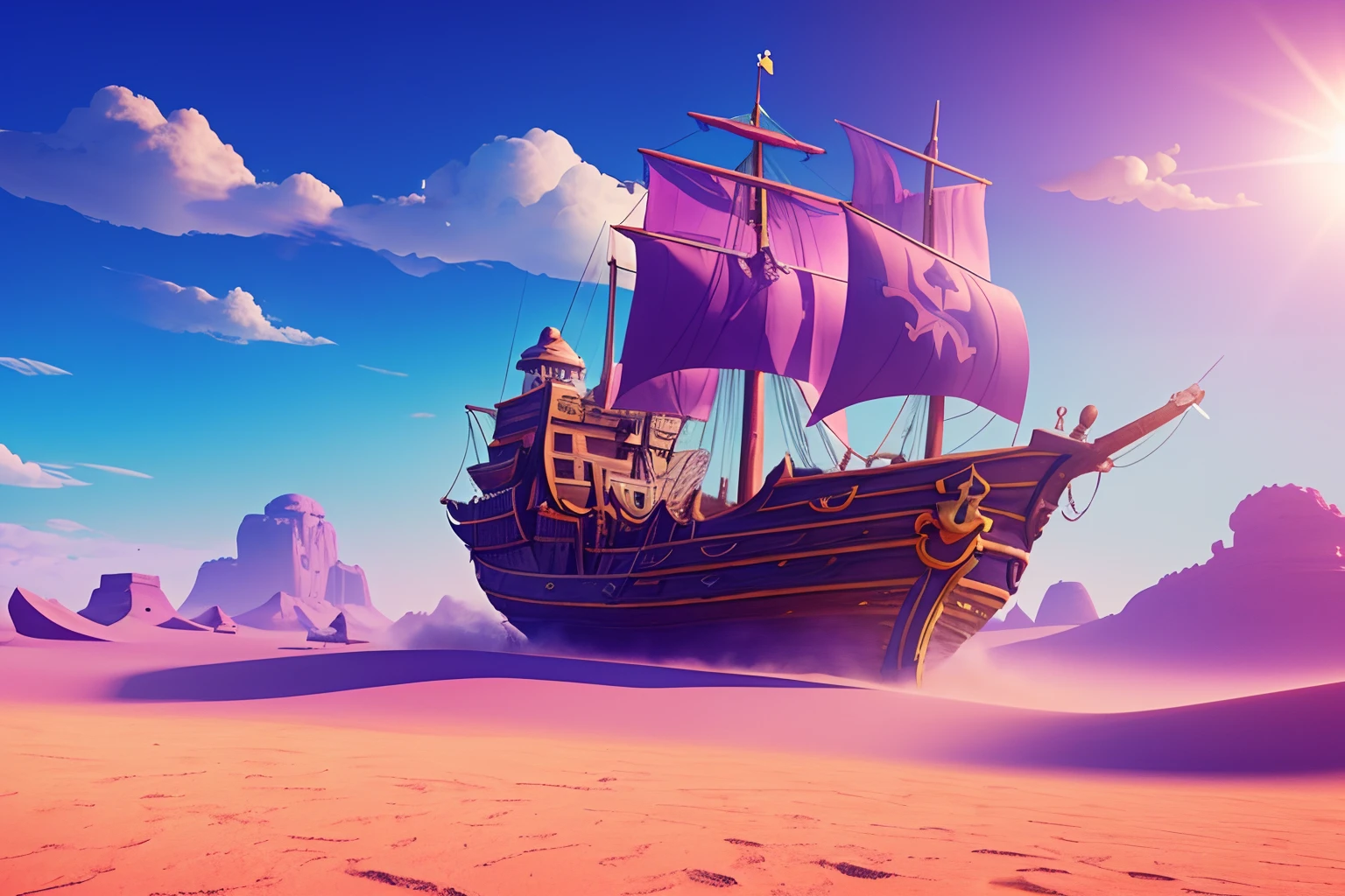 Digital painting of a magical pirates ship floating on a purple mist cloud, over a desert, vibrant colors, 3D pixar render, delicate details, strong sun rays