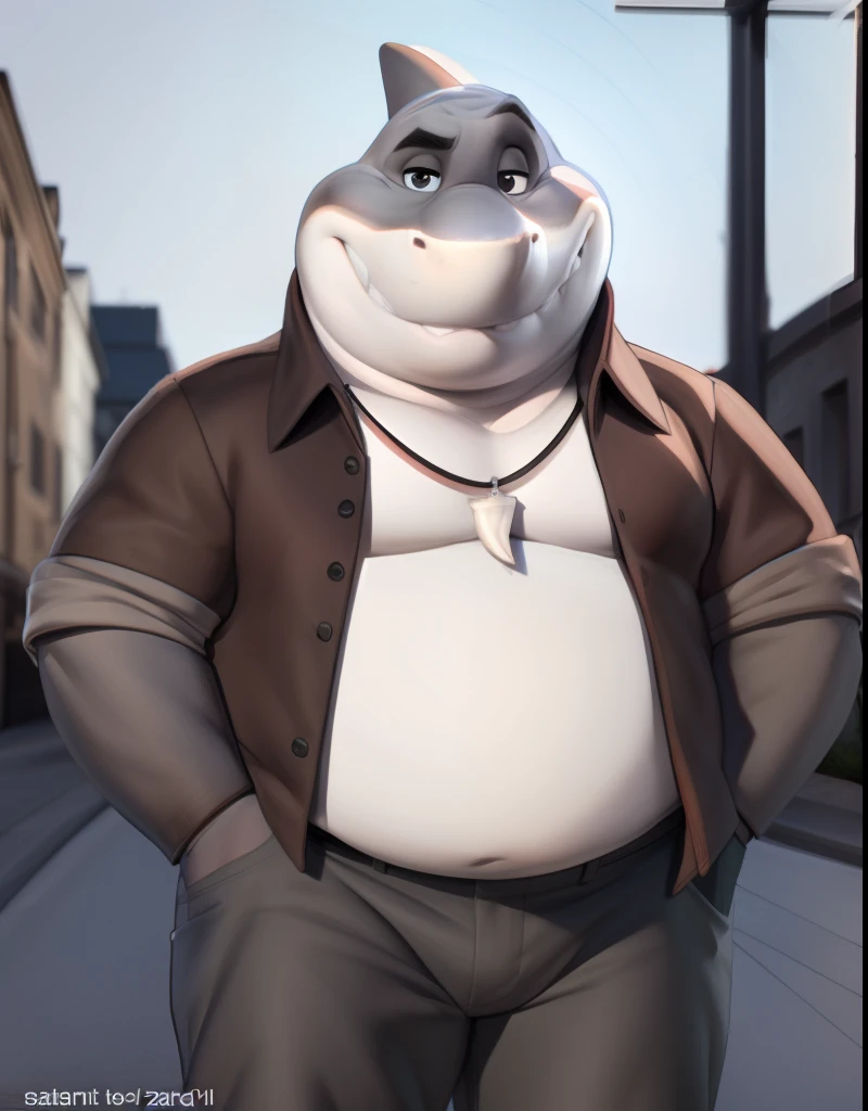 mr shark, plump, fat, belly, black eyes, (pose:1.3), (posing:1.3), (soft shading), 4k, hi res, five fingers, detailed hands, ((detailed face, (detailed eyes:1.0), detailed)), (full body), by zackarry911, by zaush, (by personalami:0.5),  looking at viewer, shirt, 1boy, jacket, male focus, open clothes, pants, red shirt, dog tags, grey pants, ((giant head, huge head, big head))