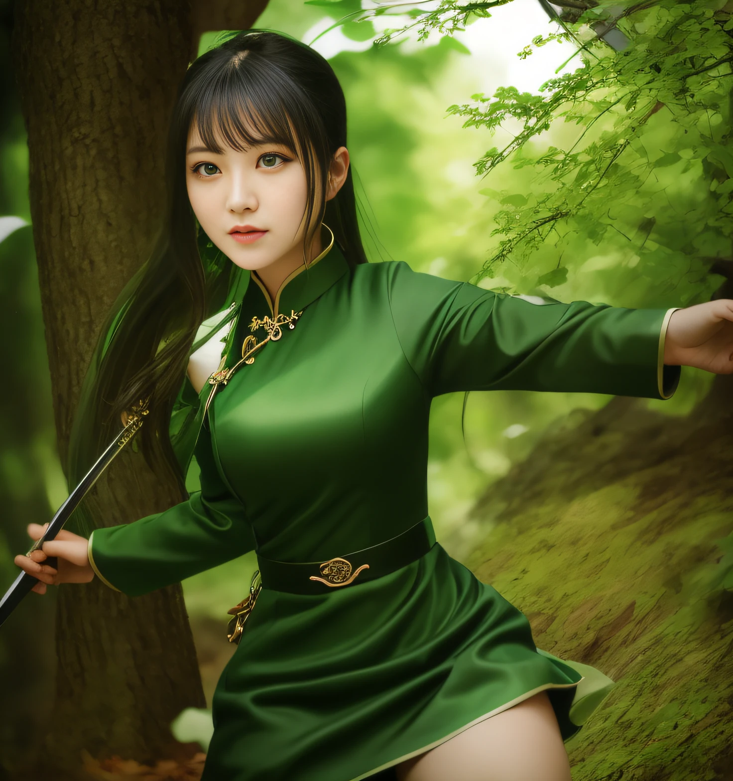 Woman in green cheongsam mini dress、Swinging a sword、in woods
