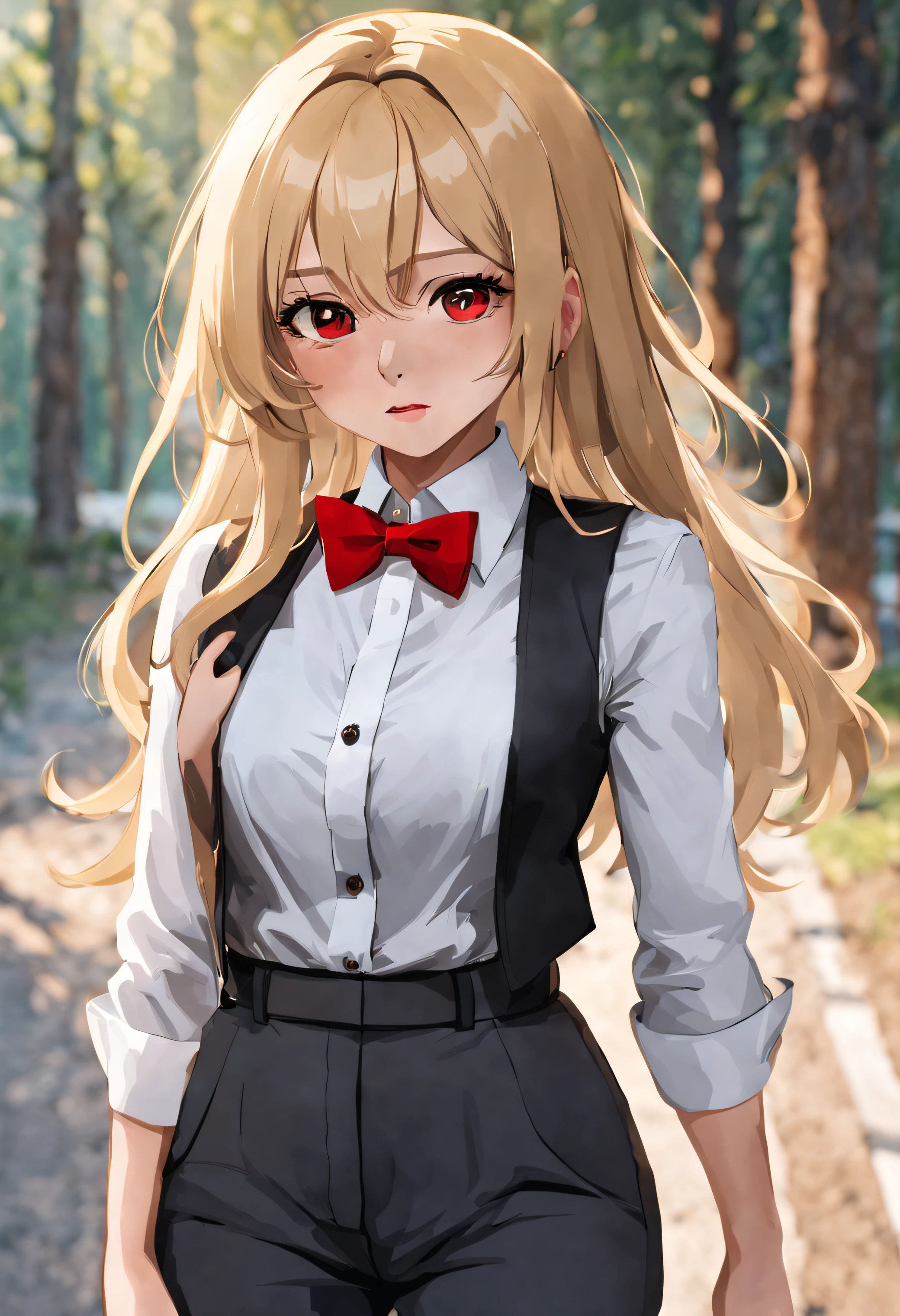 blonde girl with brown eyes, wearing white dress shirt, red bow tie, black pants and gray vest