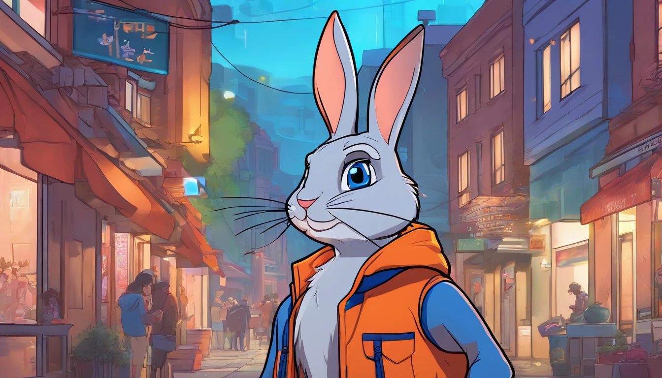 (((Blue Bunny Lofi))) solo (((rabbit Judy Hopps) blue body, blue fur )), 2D comic style image, (wear hip hop outfit, orange jacket, pants, belt:1.3), ((detailed fluffy fur)), (looking at viewer, three-quarter portrait, three-quarter view), saying hello BREAK, ((standing at city street on sunset raining day)), (rain, fog, mist, cyberpunk, neon light), (detailed background, depth of field, half body shadow, sunlight, ambient light on the body), (masterpiece, best quality, ultra realistic, 4k, 2k, (high detail:1.3), (3d \(artwork\):1.2), blender \(software\), (soft focus:1.2), ray tracing, (unreal engine:1.3), absurd res)