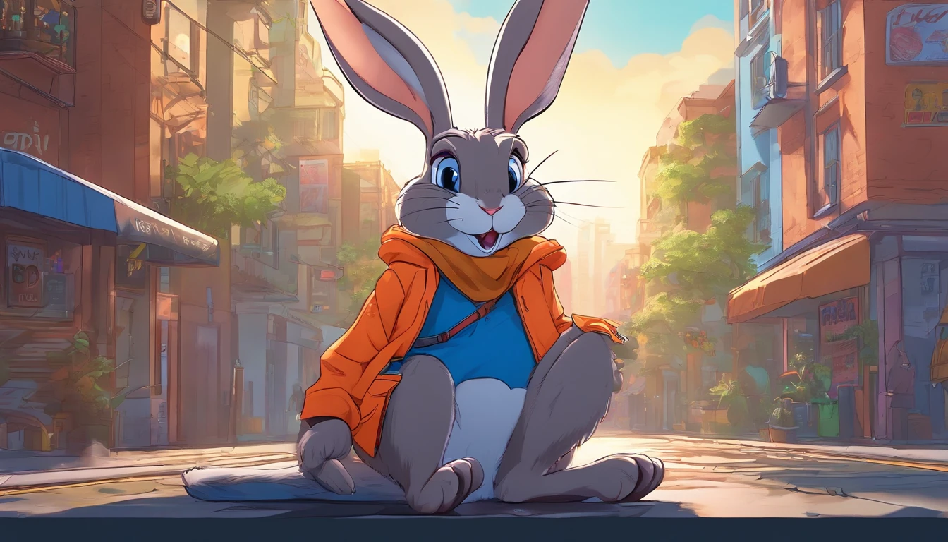 (((Blue Bunny Lofi))) solo (((rabbit Judy Hopps) blue body, blue fur )), 2D comic style image, (wear hip hop outfit, orange jacket, pants, belt:1.3), ((detailed fluffy fur)), (looking at viewer, three-quarter portrait, three-quarter view), saying hello BREAK, ((standing at city street on sunset raining day)), (rain, fog, mist, cyberpunk, neon light), (detailed background, depth of field, half body shadow, sunlight, ambient light on the body), (masterpiece, best quality, ultra realistic, 4k, 2k, (high detail:1.3), (3d \(artwork\):1.2), blender \(software\), (soft focus:1.2), ray tracing, (unreal engine:1.3), absurd res)