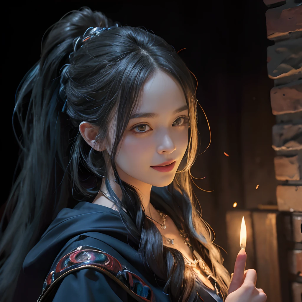 Colorful portrait illustration, (Attractive woman as a wizard, Ponytail, Wearing_long_flowing_Blue_Convoluted_embroideries_sorcerer_doress), (Necklace, Sacoche, a belt, Smiling, Highly detailed face, masutepiece, Best Quality), Highly detailed, (in the dungeon), Mage_glam, (Large, glowing rune circle), Fire and ice, Casting a spell, Ultra High Resolution, Alexandre Karame, Alyssa Monks and Shigeru Ban、Generously exposing your bare feet