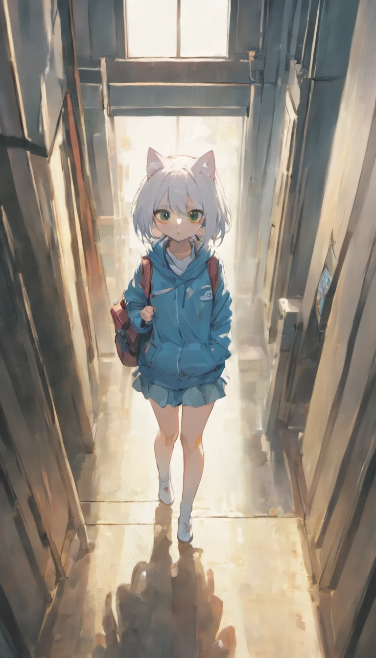 There is a white cat walking in the empty corridor, anime cat, anime visual of a cute cat, realistic anime cat, Anime art wallpaper 8 K, Anime art wallpaper 4k, Anime art wallpaper 4 K, lofi portrait at a window, Anime wallpaper 4K, Anime wallpaper 4 k, 4K anime wallpaper, drawn in anime painter studio