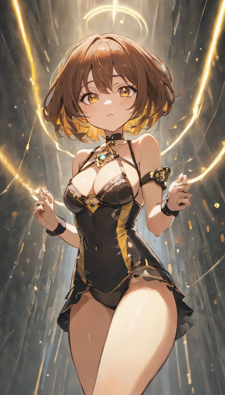 hightquality,, a beauty girl, Brown Bob Hair, yellow  eyes, Moderately large breasts, Crystal clear white skin,, adventurer, Black Bondage Bustier, Black miniskirt, Black Garter Belt Knee High Socks, Chains caught between cleavage,  a black choker,