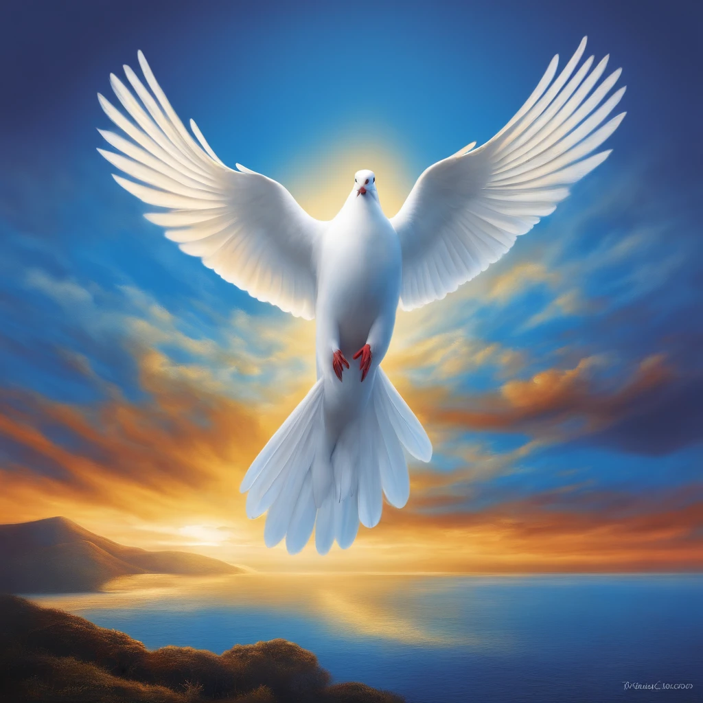 Dove representing the Holy Spirit, fundo azul, descending from the sky, religión, Estilo de pintura, luzes