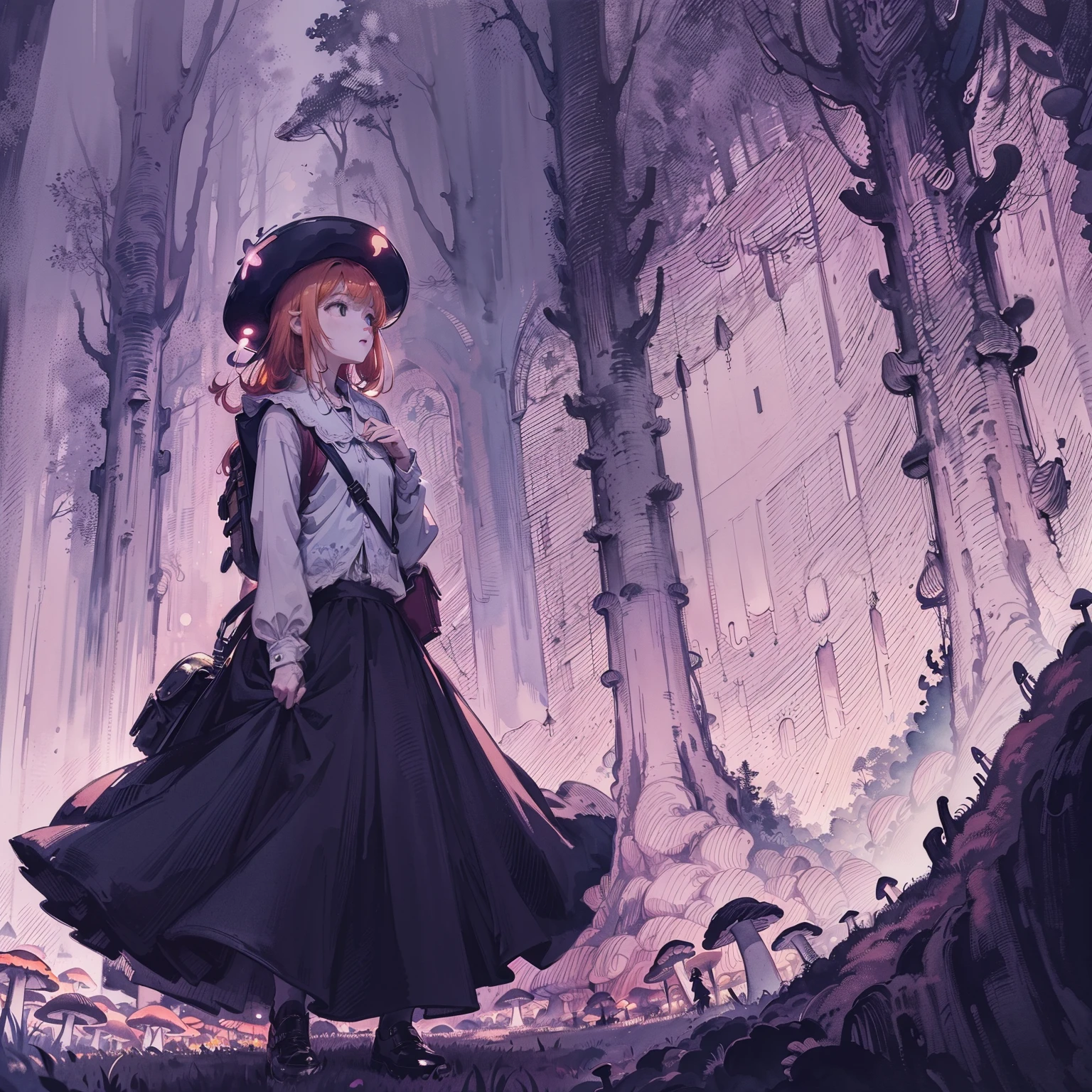 Beautiful and aesthetic,, Solo,Cute,Orange hair,pleatedskirt,Dance,Cogumelos,Mushrooms,Huge mushrooms,spore,(glowing ambiance, enchanting glow, luminouslighting, Ethereal atmosphere,Watercolor illustration, Perfect anatomy, Masterpiece, Best quality, 1girll, Loli,elementary student,bookbag,Nature, landscape