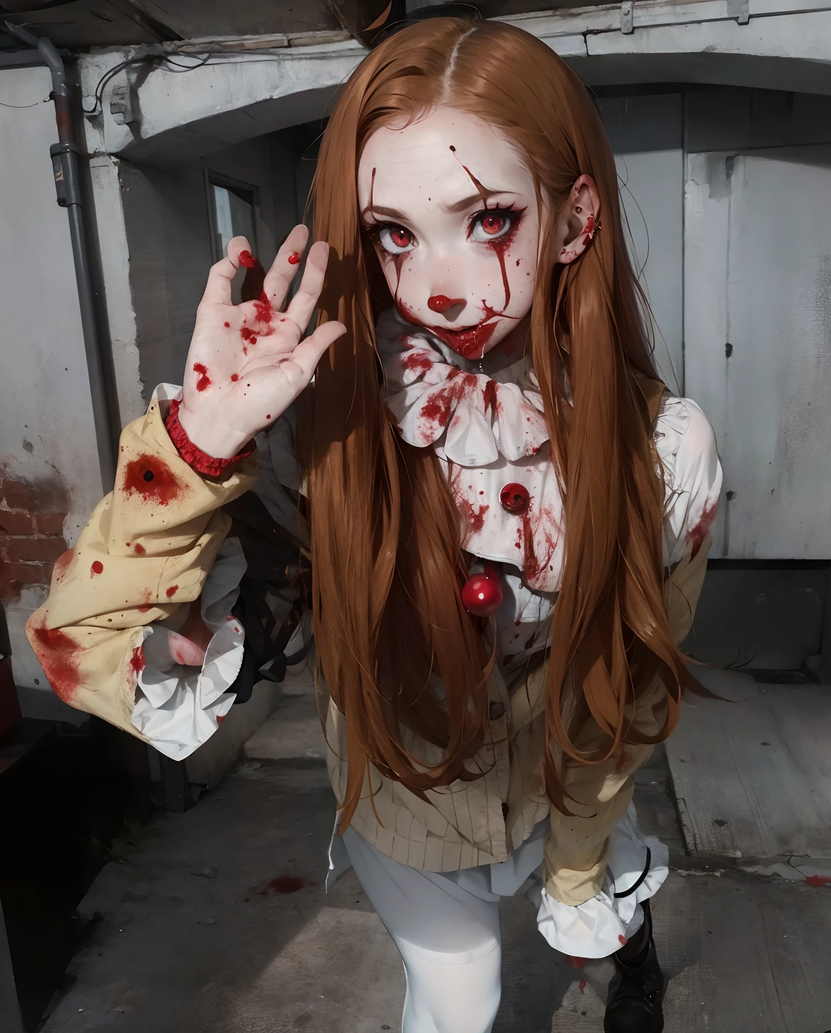 Fishlens, arafed woman with blood on her face and hands in a creepy costume, pennywise style, creepy clown girl, pennywise, pennywise theme, realistic cosplay, scary look, dead clown, blood splatter on the sides, by Emma Andijewska, amouranth, scary pose, cutecore clowncore, horror style, pale woman covered with blood, horror
