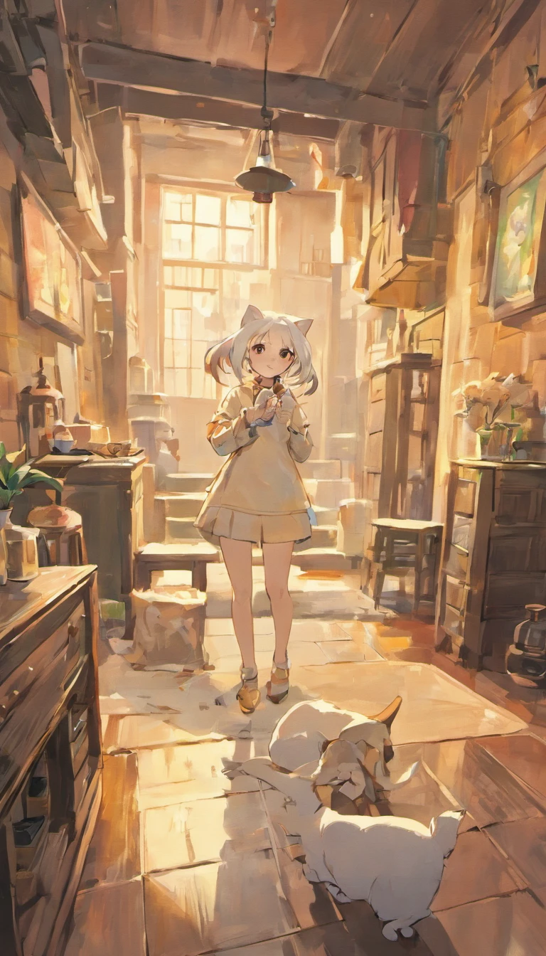 There was a white cat eating in the living room