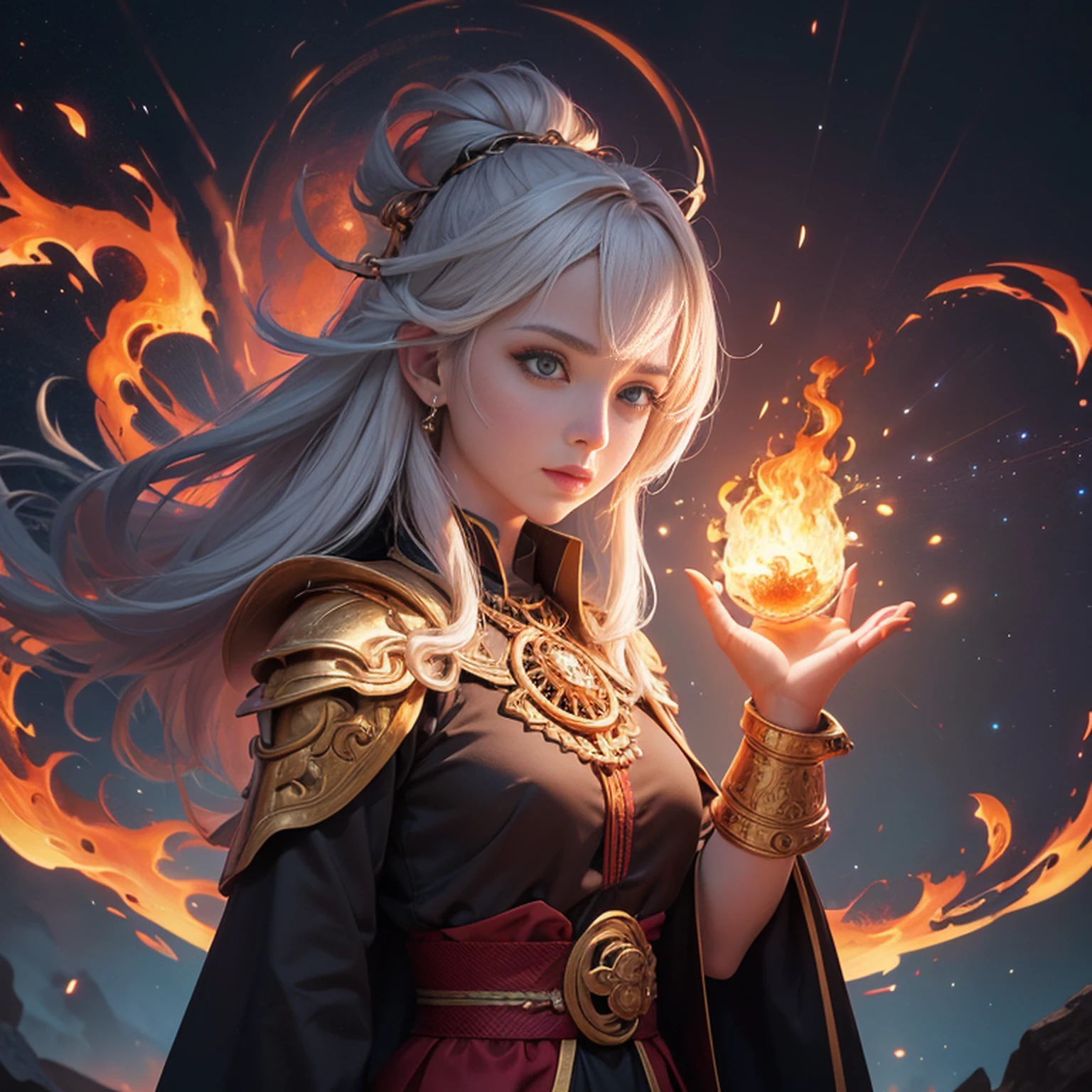 Detalhes altos, melhor qualidade, 8k, [ultra detalhado], master part, melhor qualidade, (extremamente detalhado), Dynamic angle, tiro ultra largo, fotorrealista, arte de fantasia, arte dnd, Arte de RPG, arte realista, uma imagem ultra ampla de um ser humano feminino (1.5 detalhes intrincados, master part, melhor qualidade) godess de fogo ((Fire Magic Aura)), Controlling a spinning fire spell (1.5 detalhes intensos, master part, melhor qualidade), Manipular [[Magical fire vigils]] (1.5 detalhes intrincados, master part, melhor qualidade), Human female, Cabelos ruivos, cabelos longos com aura ardente, cabelo com toque de fogo, olhos de fogo, olhos intensos, ((olhos de fogo)), ((olhos brilhantes)), Dynamic clothing, fantasy volcano background, Ruvers de lava(1.5 detalhes intensos, master part, melhor qualidade), ((atmosphere of divine worship)), Detalhes altos, melhor qualidade, Altas, Ultra Grande Angular