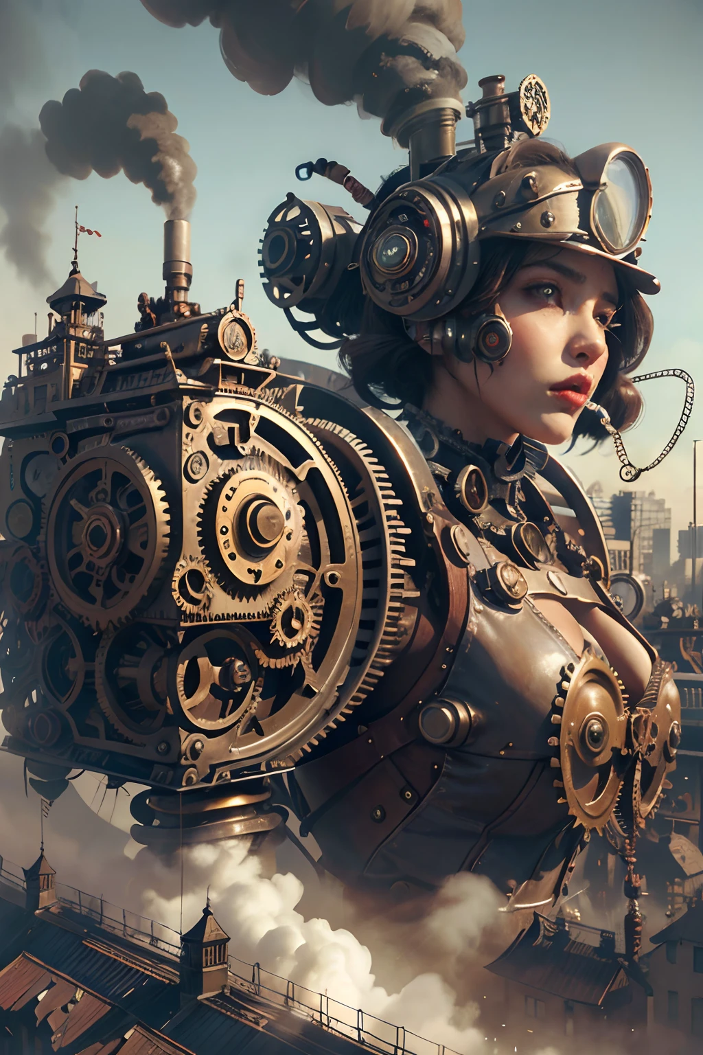 Gears are attached to a woman's head, Portrait of a mechanical woman, arte steampunk digital, Cyber Steampunk 8K 3D, arte digital steampunk, clockwork woman, Steampunk 3D rendering, arte conceitual steampunk, tecnologia steampunk, Arte digital altamente detalhada em 4k, portrait of a cyberpunk machine, arte steampunk, cara bonita da mulher cyberpunk, detailed steampunk illustration, master part,melhor qualidade, Fotorealista,melhor sombra,delicado,...RAW,ultra high-resolution,Arte hiper-realista,gallery-grade work,Arte Oficial,wallpaper forced,?? mil,,ultra precise,visualmente impressionante,Obra-prima sublime,peak clarity,1 enorme cidade Steampunk,High-rise buildings covered by behemoth-like mechanical devices,show a scene of sharp contrast,Uma camada de nuvens subindo desordenadamente sobre a cidade,Huge steampunk buildings,The surface is covered with complex gears and mechanical devices,(eyesight,full view,corpo inteiro:1.2),(Nas paredes da cidade Steampunk,1 soldiers in strong mechanical armor.,Handheld Steam Gun,Guard the safety of the city:1.2),Steampunk,dirigible,Steam robot, blue orange cinematic