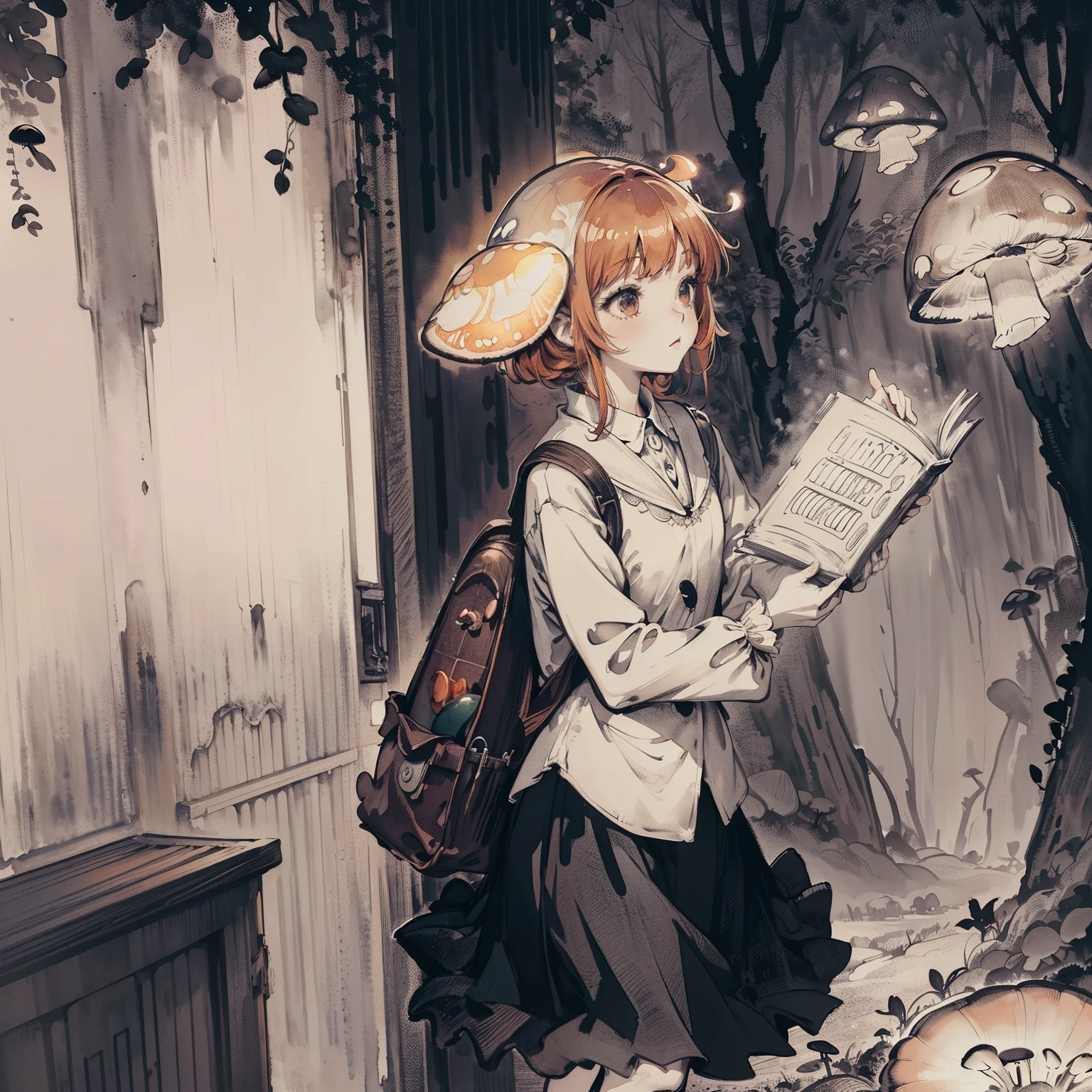 Beautiful and aesthetic,, Solo,Cute,Orange hair,pleatedskirt，Dance，Cogumelos，Mushrooms，Huge mushrooms，spore，(glowing ambiance, enchanting glow, luminouslighting, Ethereal atmosphere,Watercolor illustration, Perfect anatomy, Masterpiece, Best quality, 1girll, Loli,elementary student,bookbag，Nature, landscape