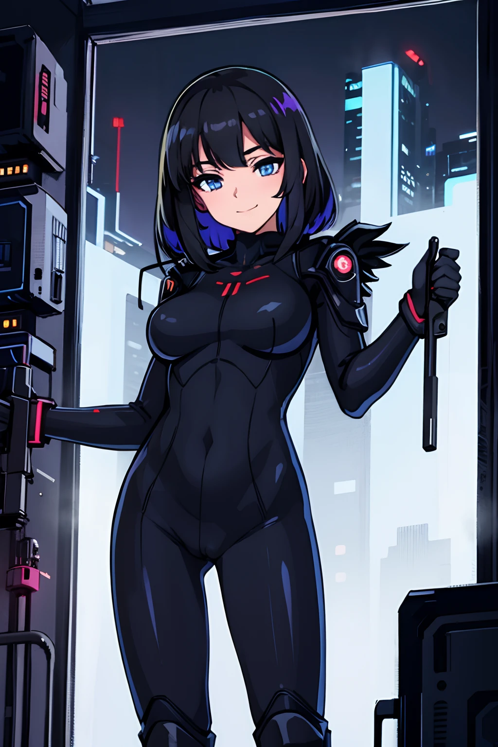 nsfw, upper body, (solo) (1girl, medium breasts), (beautifully drawn face:1.2) (plugsuit:1.3) stern smile, dynamic pose, BREAK
(standing in very dark cyberpunk night apartment:1.3)  cross health bar BREAK