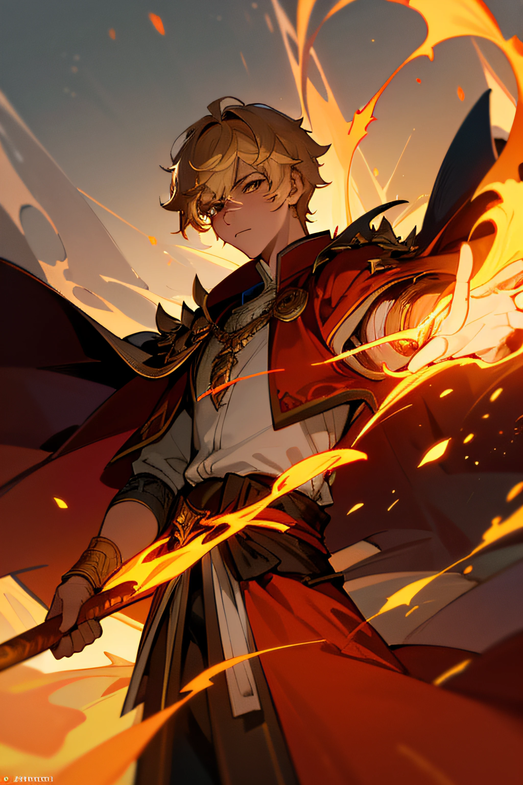 1.5, best quality, high quality, High definition, High quality texture, high detail, beautiful detailed, finely detailed, extremely detailed cg, detailed texture, 1man, boy, male, ((fire god)), god-like fire, dark complexion, archon, genshin impact inspired, incredible powers, red cape, blonde hair, (desert robes),