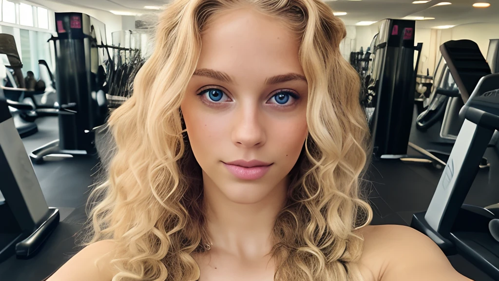 selfie of a beautiful blond girl, curly blonde long hair, curly, long hair, young, blonde, beautiful, at a gym