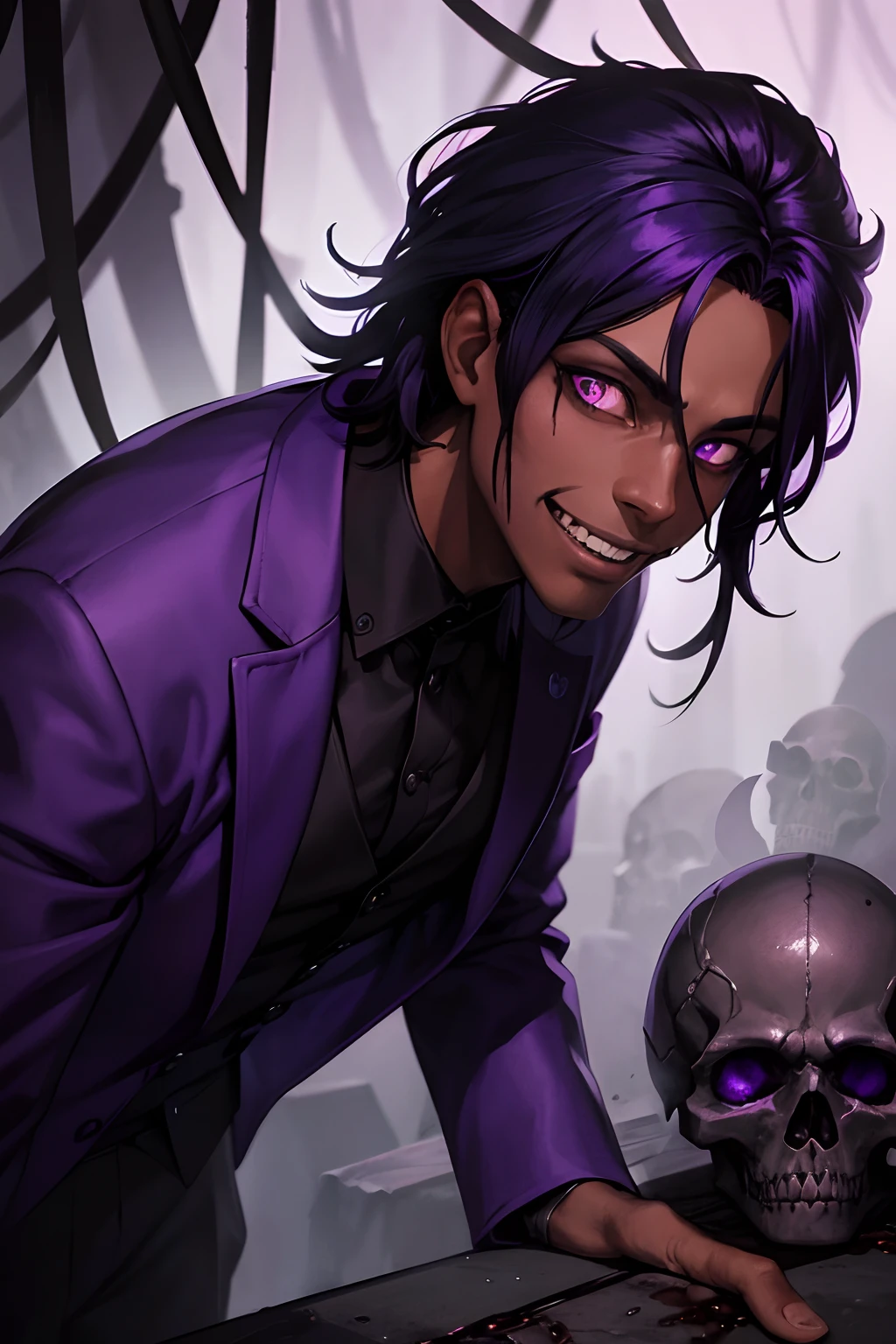 black young man, meesy hair, purple clothes, purple shining eyes, sadistic face, blood, creepy smile, lindo, black hair, dark atmosphere,BLOOD, BLOOD, SO MUCH BLOOD, purple suit, river blood, skulls, creepy, black hair, negro, strong