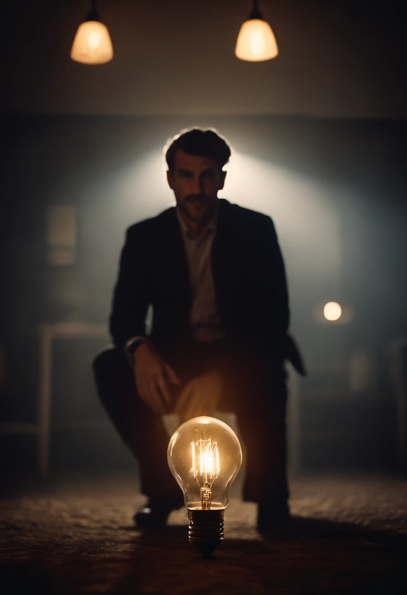 Arafed man sitting on the ground with a light bulb in his hand - SeaArt AI