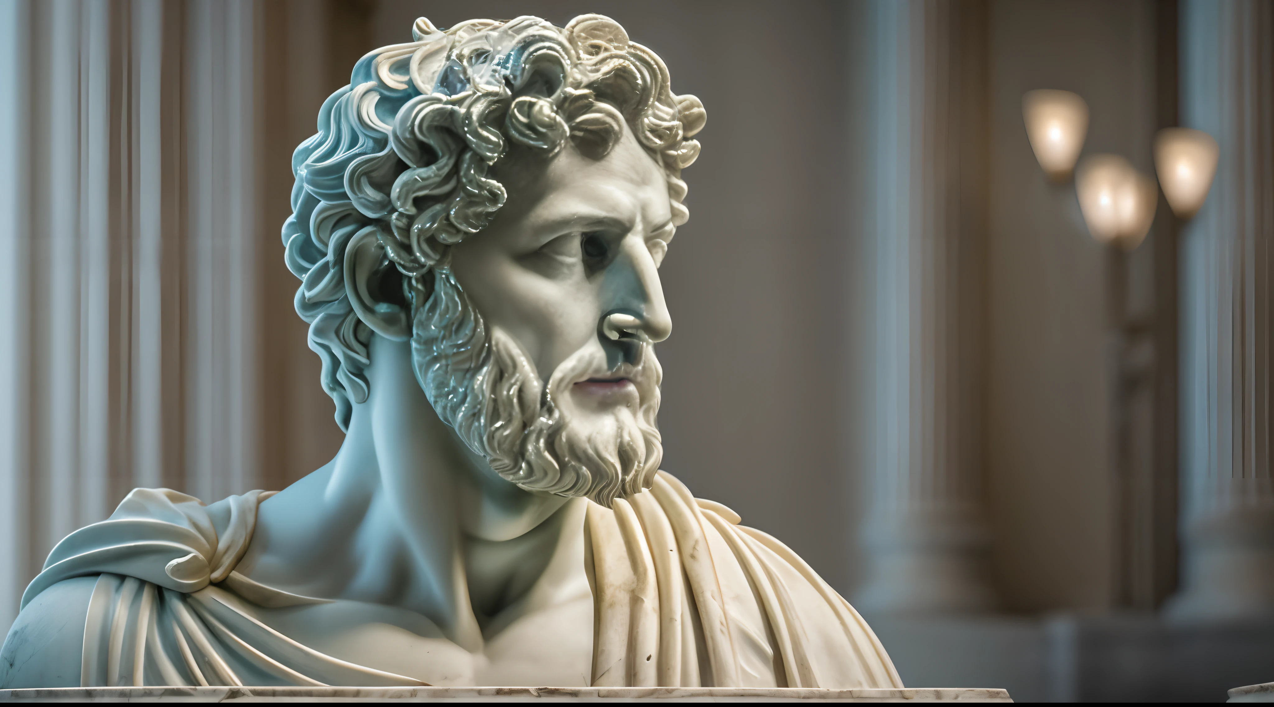 a realistic of bust greek white marble statue of marco aurelio wearing a ghostly toga, neutral background, moody, stoic, photorealistic, cinematic scene, super detailed, hyper realistic, bright lights, 8 k