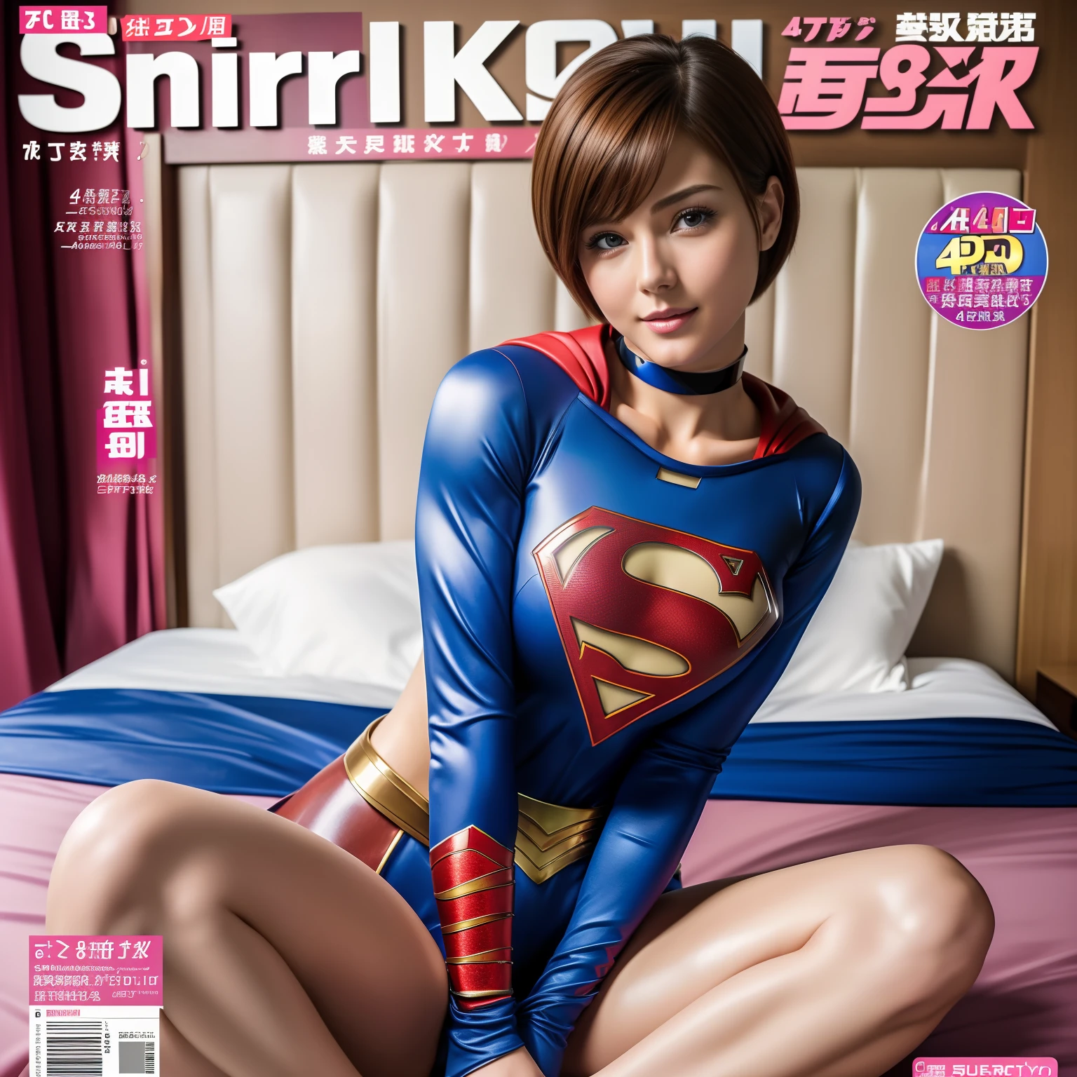 (Best Quality,4K,8K,hight resolution,masutepiece:1.2),Ultra-detailed,Realistic:1.37,Super masterpiece,Short-haired Supergirl sitting on bed、large full breasts、Looking at the camera、Glossy costume、a choker、bare-legged、Weekly magazine cover、Cheerful pose