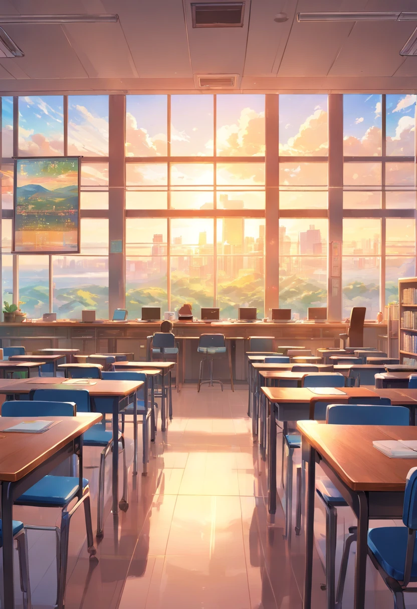 inside school anime , anime class background class, class with students, data analytics on main tv screen and on each student's table