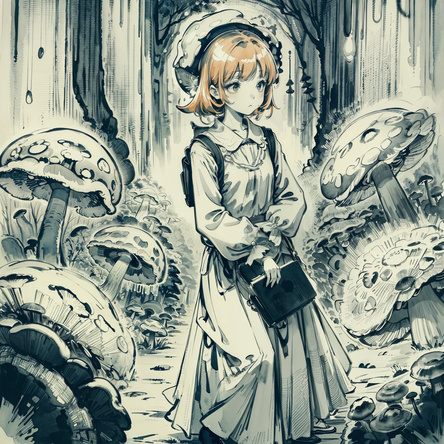 Beautiful and aesthetic,, Solo,Cute,Orange hair,pleatedskirt,Dance,Cogumelos,Mushrooms,Huge mushrooms,spore,(glowing ambiance, enchanting glow, luminouslighting, Ethereal atmosphere,Watercolor illustration, Perfect anatomy, Masterpiece, Best quality, 1girll, Loli,elementary student,bookbag,Nature, landscape