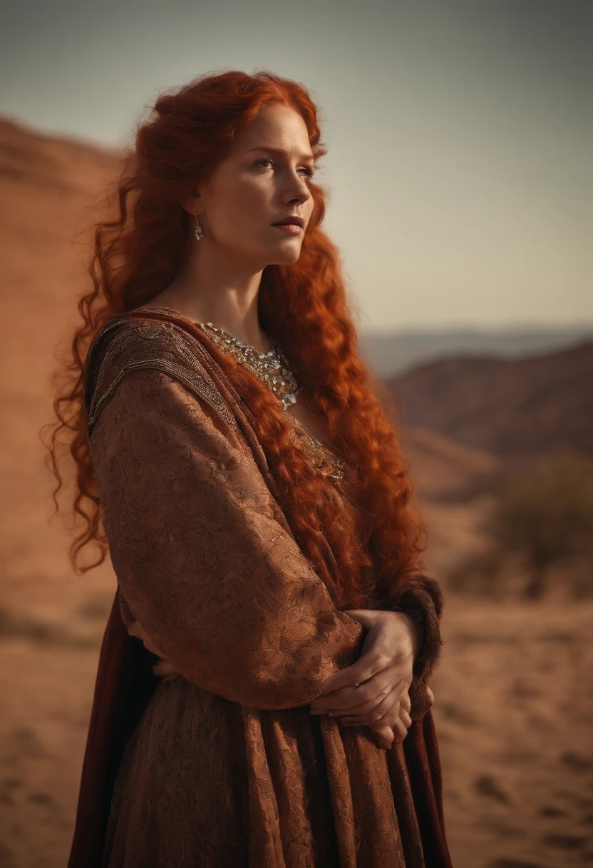 Red haired slavic queen, shadow magic, desert setting
