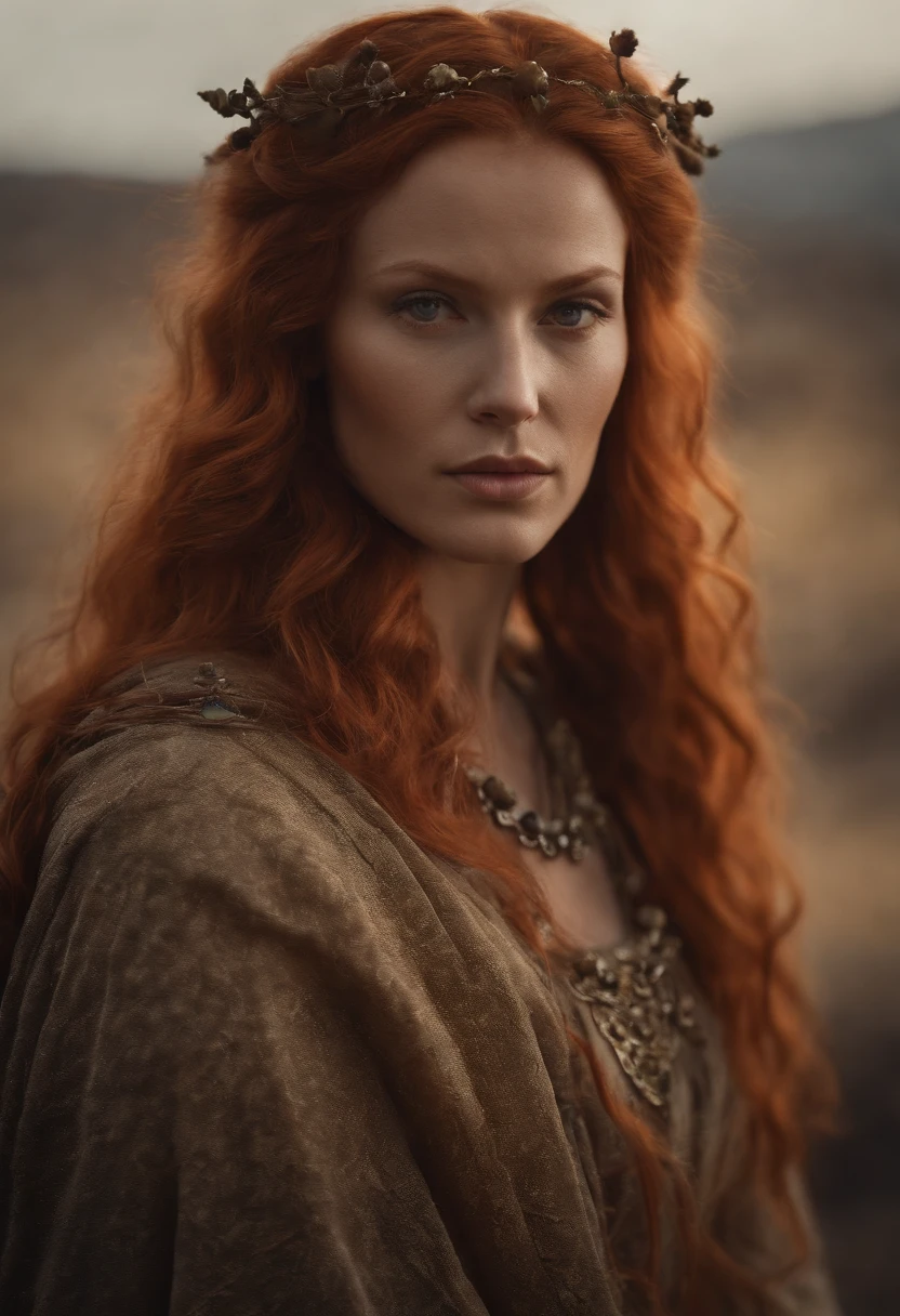 Red haired slavic queen, shadow magic, desert setting