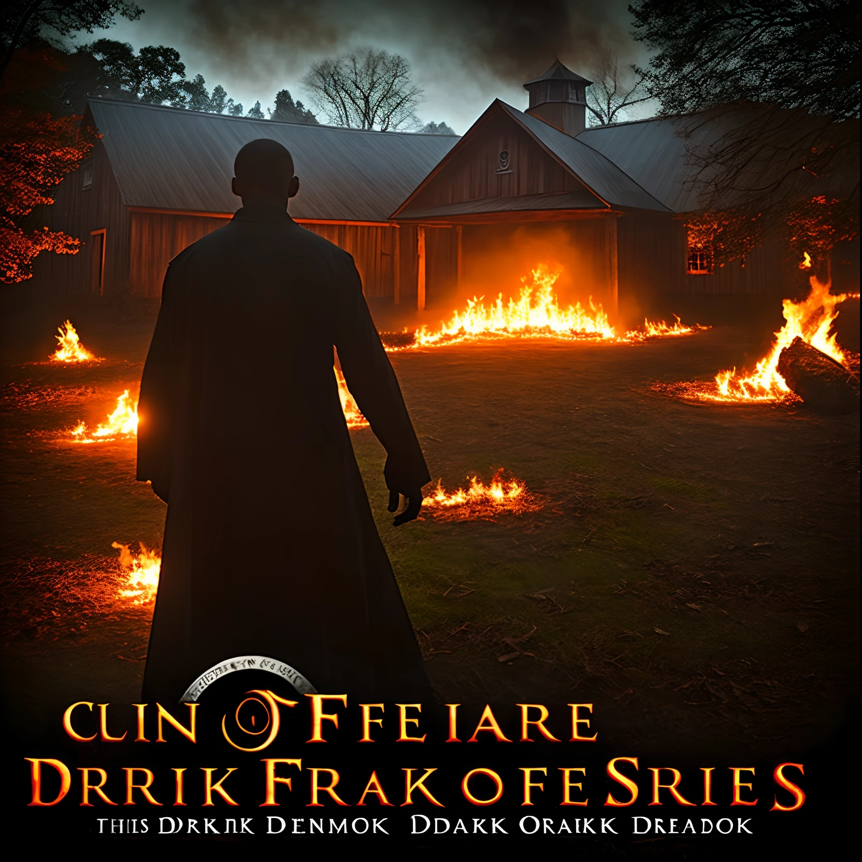 circle of fire. exorcism. young african american boy. demonic crimson eyes. horror. Inside dark oak barn. demons hide in the shadows.