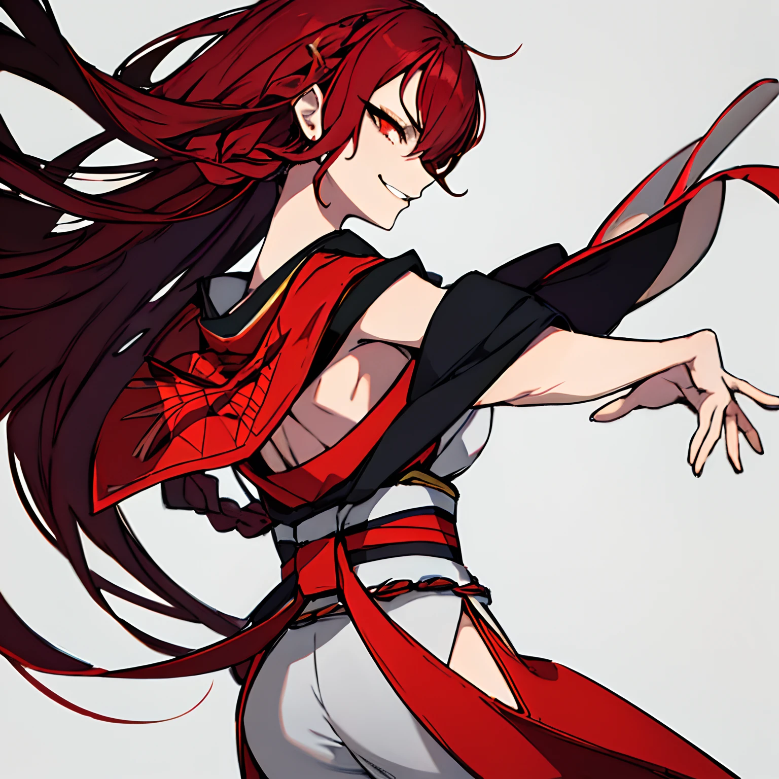(absurdres, 8k, 4k, masterpiece, hyper extreme detailed:1.2), solo, 1girl, front view, perfect face, 1girl, portrait, expressive eyes, solo, standing, swept bangs, Perfect Anatomy, half body, Black kimono with red outlines, Cult Leader, Long red hair, beautiful, Attractive, Manipulative, Seductive, mature female, adult, Evil, red eyes, intricate kimono, perfect eyes, leaning back, hand on hip, smirk, very long hair, braided hair,