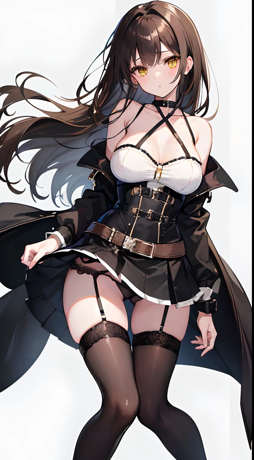 hightquality,, a beauty girl, Brown medium hair, yellow  eyes, Moderately large breasts, Crystal clear white skin,, The brave, Black Bondage Bustier, Black miniskirt, Black Garter Belt Knee High Socks, Chains sandwiched between chests of drawers,  a black choker,