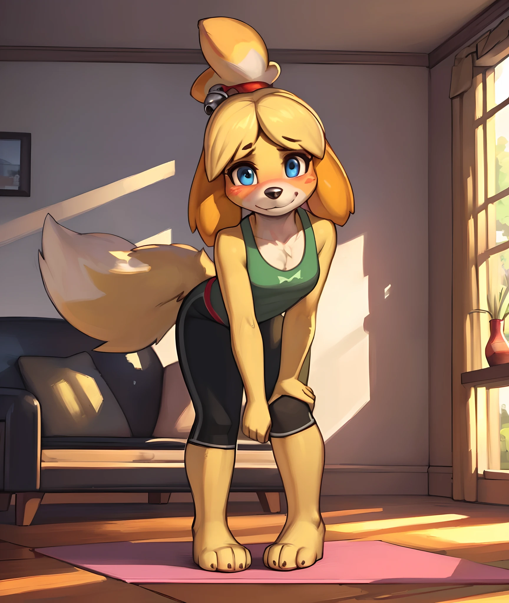 [isaCrossing], [Isabelle; Animal Crossing], [Uploaded to e621.net; (Pixelsketcher), (wamudraws)], ((masterpiece)), ((solo portrait)), ((front view)), ((feet visible)), ((furry; anthro)), ((detailed fur)), ((detailed shading)), ((beautiful render art)), {anthro; yellow fur, black nose, small brown eyebrows, cute surprised blue eyes, cute smile, (blushing), blonde hair, (bells in hair), topknot, fluffy tail, (beautiful feet)}, {(red ribbon), (green tank top), (black spandex yoga pants)}, {(on yoga mat), (standing), (bending over)}, [background; (living room), (window), (sun rays)]