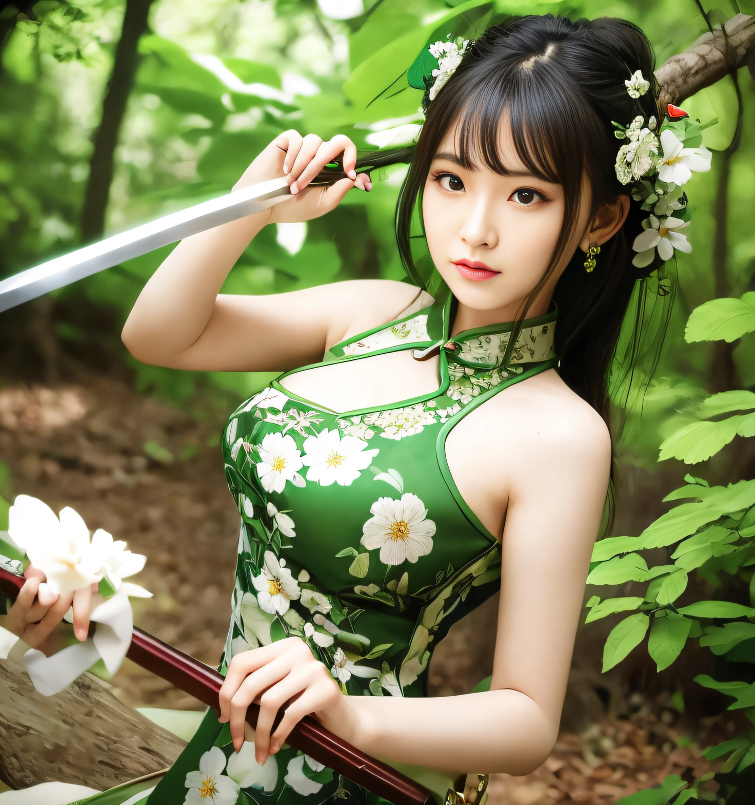 Woman in green floral cheongsam mini dress、Swinging a sword、hair adornments、in woods