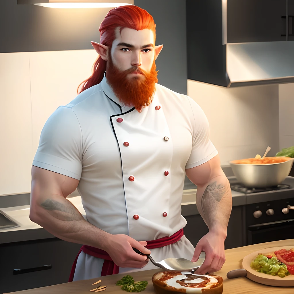 hi res, ultra sharp, anime, red haired, male, half dwarf, half elf, chef, muscular with beard
