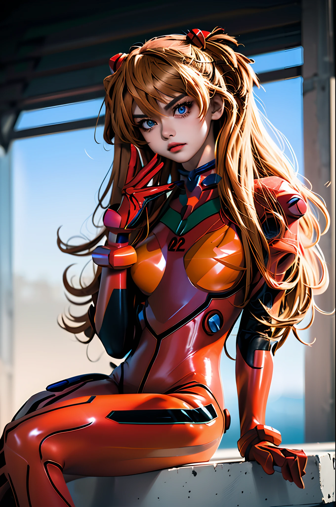 ( Masterpiece, top quality, 8k, sharp concentration, depth synthesis, realistic skin texture, very detailed background), anime style for beautiful , Alone, 1 female, 1 girl, Soryu Asuka Langley, neon genesis evangelion, Eye patch, red plug suit, (low angle from below ground:1.3),