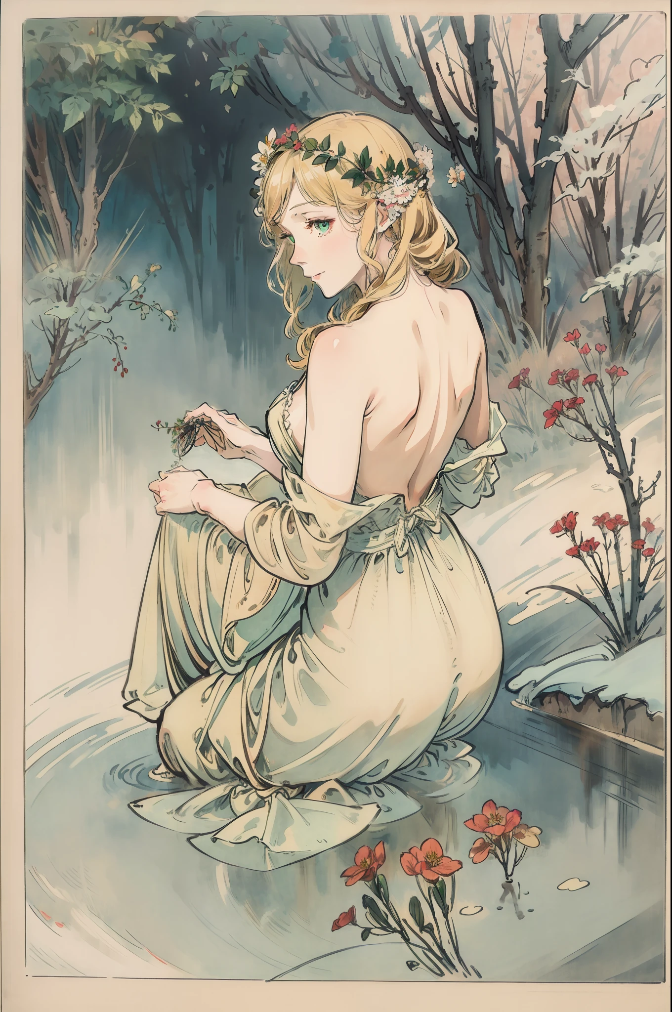 SFW,masutepiece, Best Quality, High resolution, 1girl in, Full body, Details Girl, detail hands, Detail fingers, Detail Face, detail legs, 1girl in, elf, Looking down, Flower Garden, Black sky, smog, watercolor paiting, pale skin, Petite, Blonde hair, Long hair, Wavy Hair, saddened, mournful smile, Green eyes, tareme, medium breasts, white sundress, Bare back, Kneeling, Planting trees
