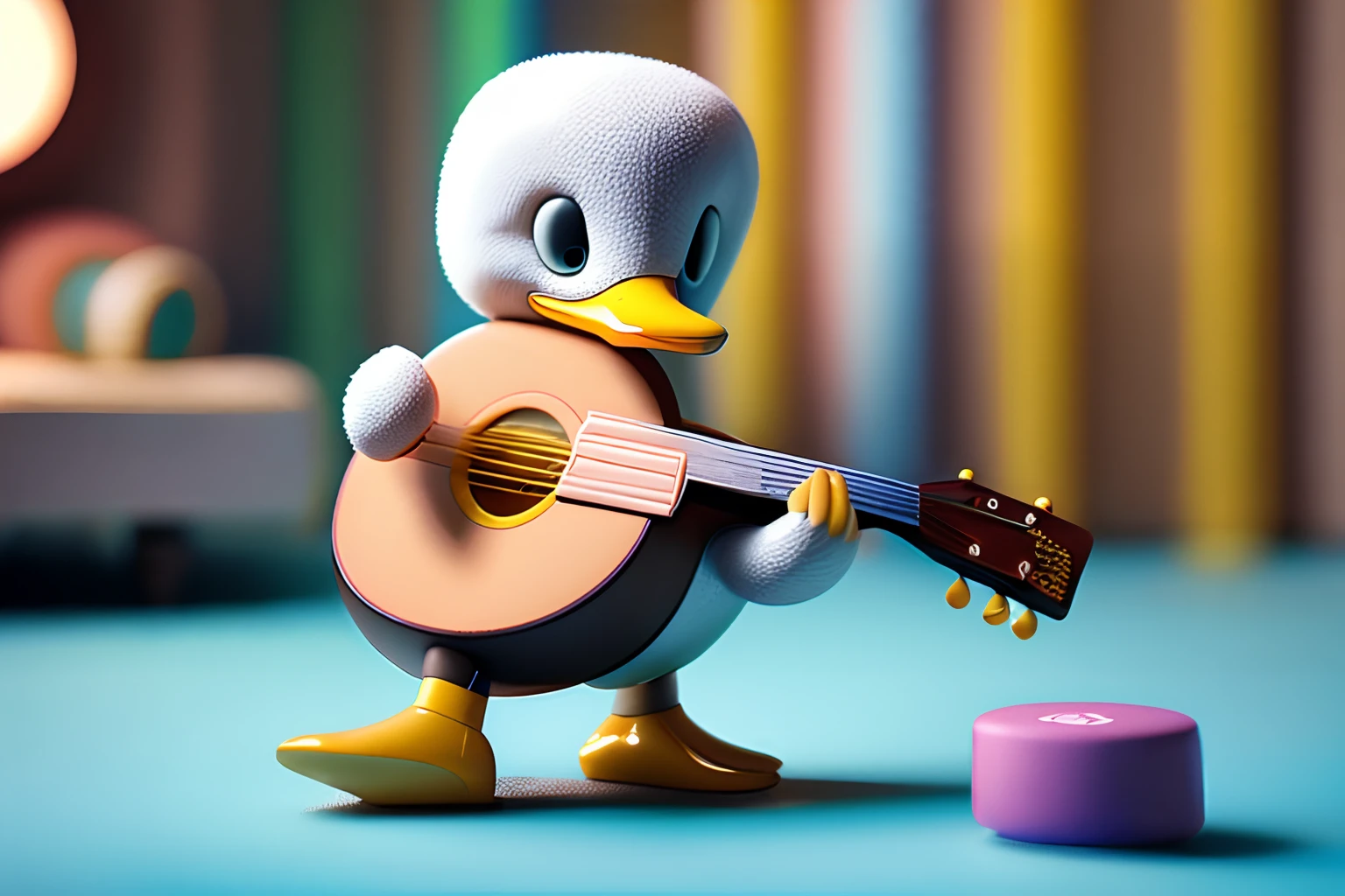 Tiny duck playing on guitar toy, standing character, soft smooth lighting, soft pastel colors, skottie young. 3d blender render, polycount, modular constructivism, pop surrealism, physically based rendering, square image