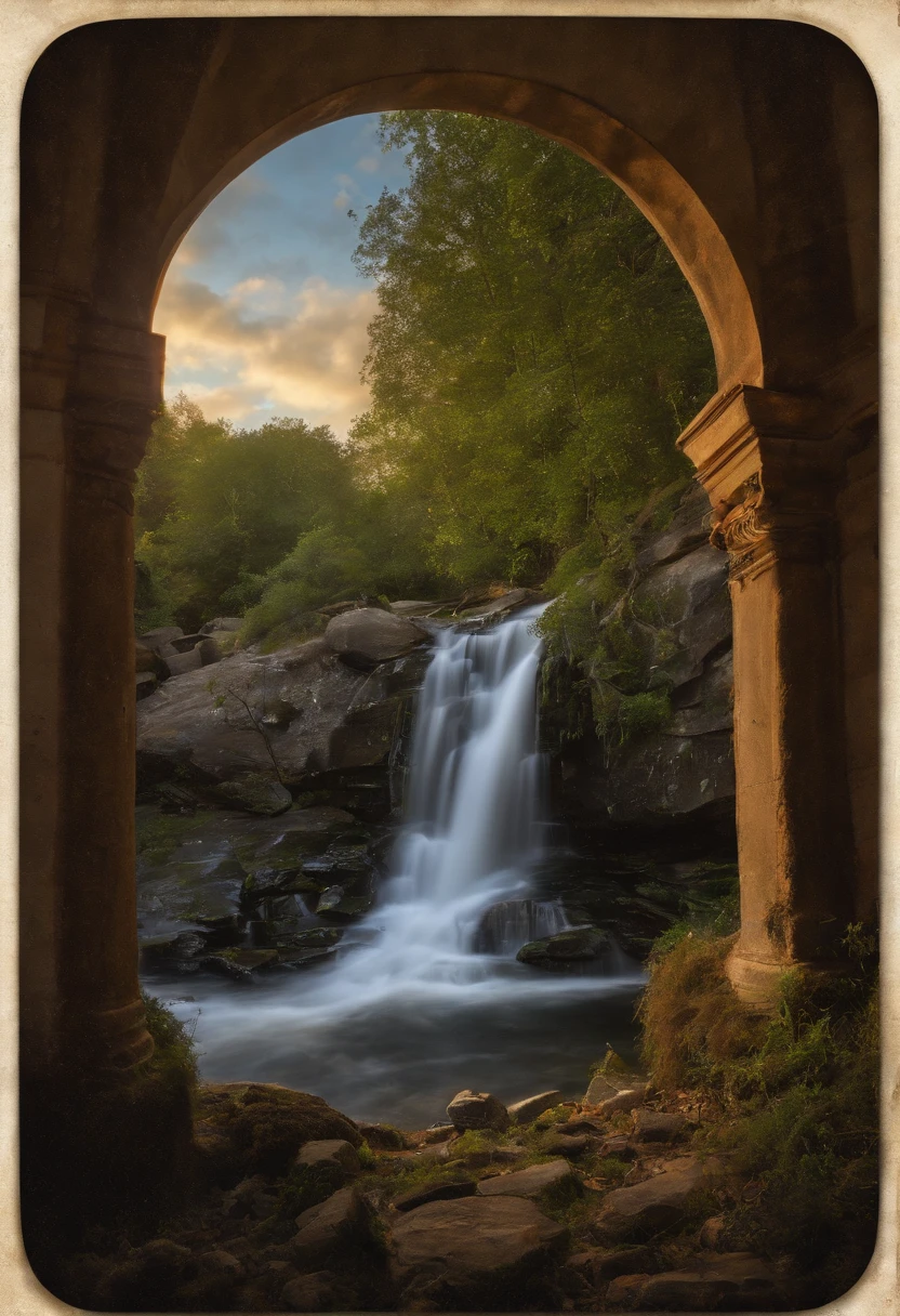 Create a vivid and realistic image of a scene where a Bible is positioned in the center, elevada e proeminente, cercado por uma atmosfera de serenidade e alegria. The focal point should be in the Bible, for it seems to be pouring out a radiant, shimmering stream of water.
