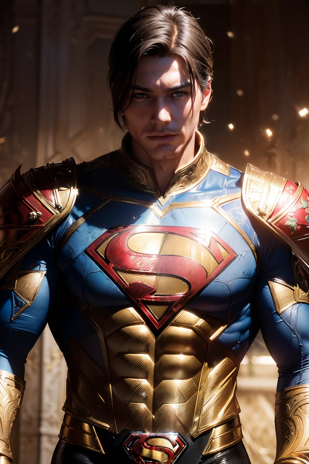 Realistic Superman (((Aleksi Briclot aesthetic style))), perfect realist skin in sci-fi highly detailed golden & black armor, surrounded by roses, (beautiful detailed symmetrical eyes, photorealist, sharp vivid colors, Nikon D750, 32k, Megapixel, HDR, Leica 50mm lens, Kodak Portra 800 film
