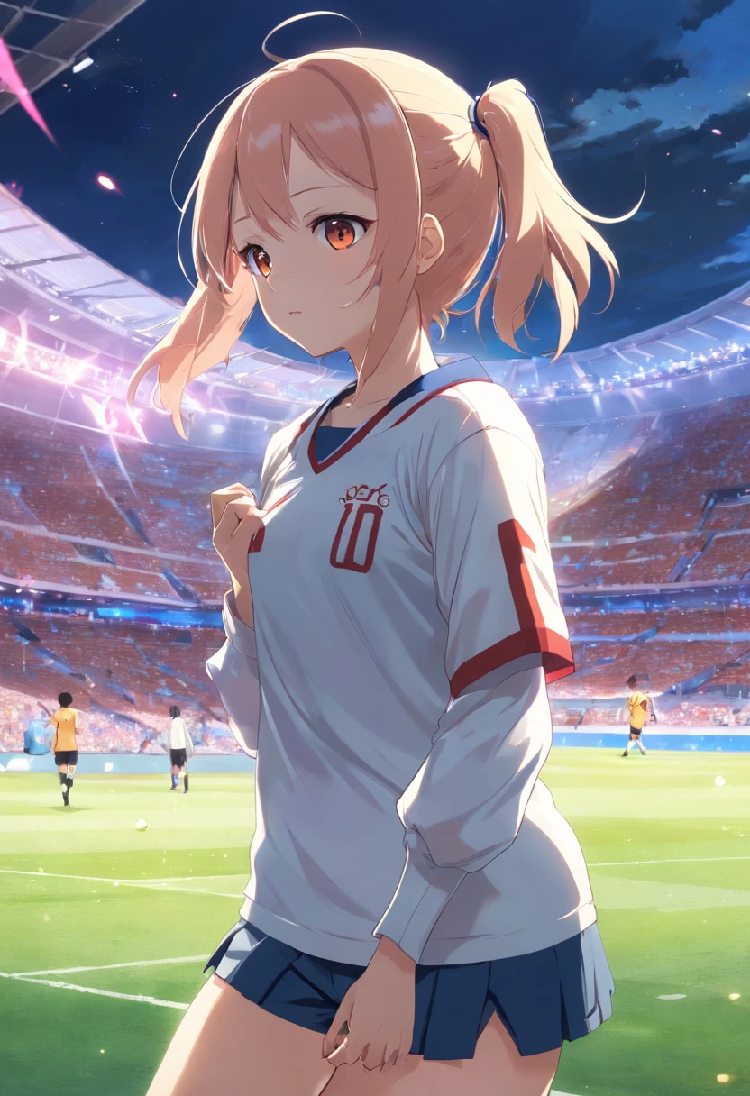 (Kaguya personaje ficticio del anime Kaguya sama solve is war) , 1 mujer, trotando,jugando futbol, Easy concentration expression, ropa de futbol blanca, muslos grandes, pechos grandes, sudor, cabello mojado, (estadio fondo de pantalla CG 8k extremadamente detallado), la mejor calidad, solo, 1girl, cinematography lighting, fondo detallado de estadio de futbol, hermosos ojos detallados, pupilas brillantes, (un extremadamente delicado y hermoso), (Description of Eyes beautiful and detailed), ((ultra detallado, obra maestra,))