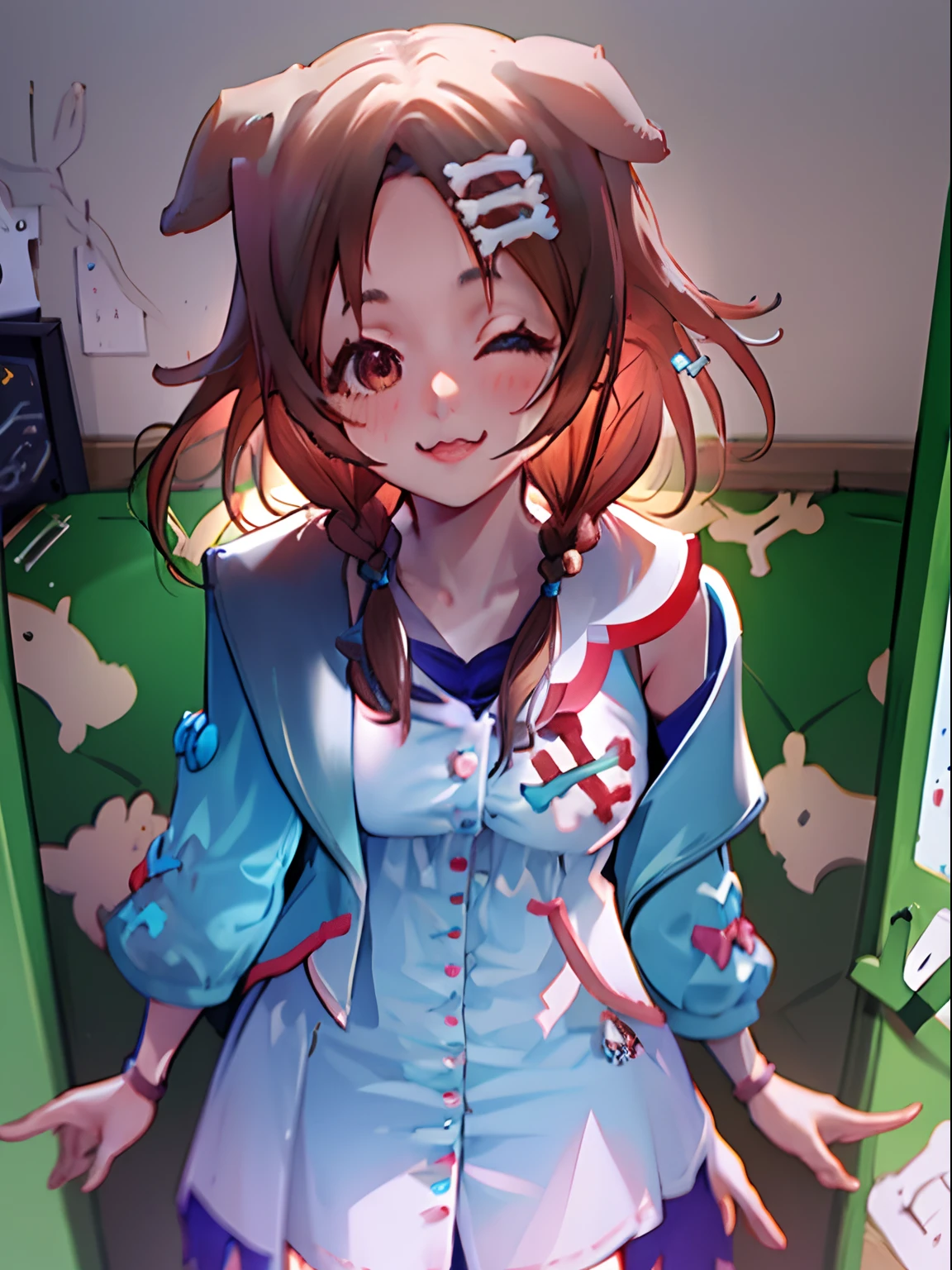 Kinky smile, cute looking front, hard up view, ik1, 1girl, white dress, yellow jacket, cartoon bone, 1girl and 1boy, kabedon pov, blush, beautiful colors, stars sparks, cute