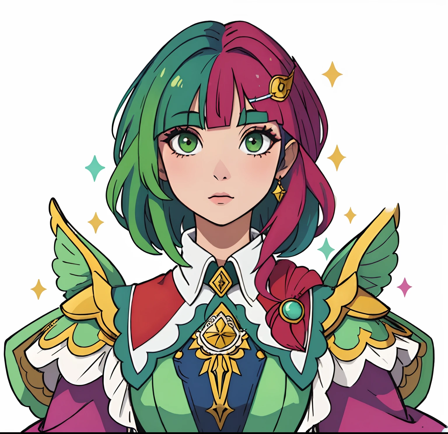 Arte estilo anime, roupa extravagante, princesa, close up de uma mulher com um cabelo vermelho e verde, symmetrical portrait rpg avatar, Mulher linda, fantasy rpg symmetrical portrait, cabelo metade verde  e metade vernelho, Retrato de Darna moderno, totalmente colorido, Inspirado em Kris de Deltarrune, Retrato de uma rainha humana, Colorido digitalmente, avatar do personagem RPG, Human female