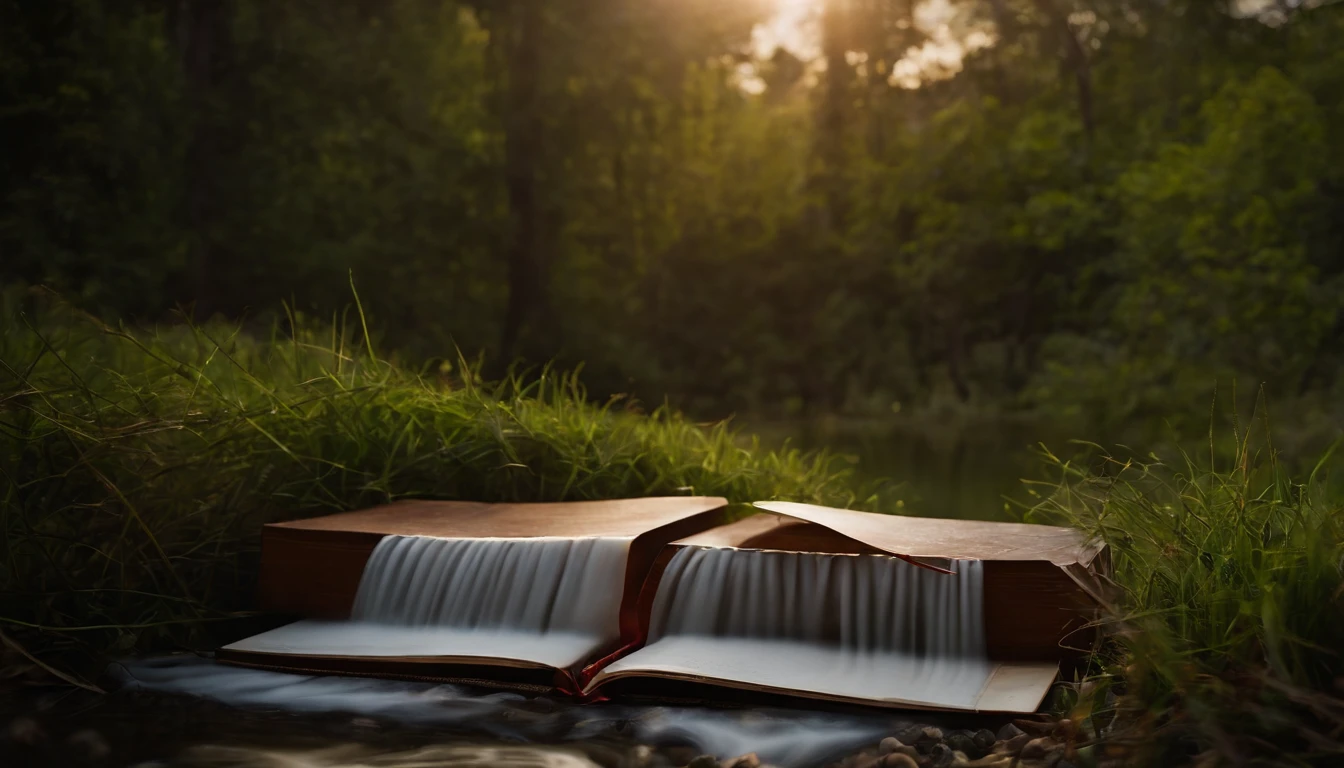 Create a vivid and realistic image of a scene where a Bible is positioned in the center, elevada e proeminente, cercado por uma atmosfera de serenidade e alegria. The focal point should be in the Bible, for it seems to be pouring out a radiant, shimmering stream of water.