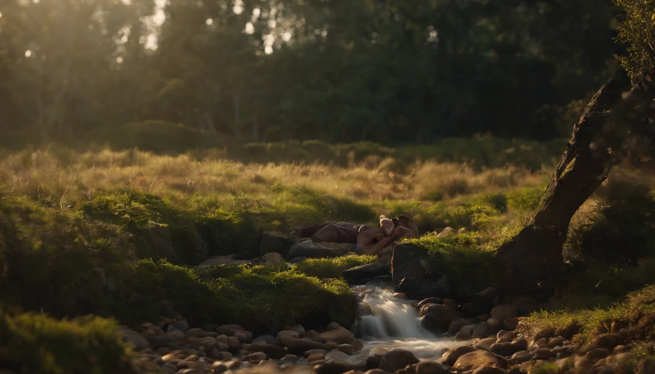 Create a vivid and realistic image of a scene where a Bible is positioned in the center, elevada e proeminente, cercado por uma atmosfera de serenidade e alegria. The focal point should be in the Bible, for it seems to be pouring out a radiant, shimmering stream of water.