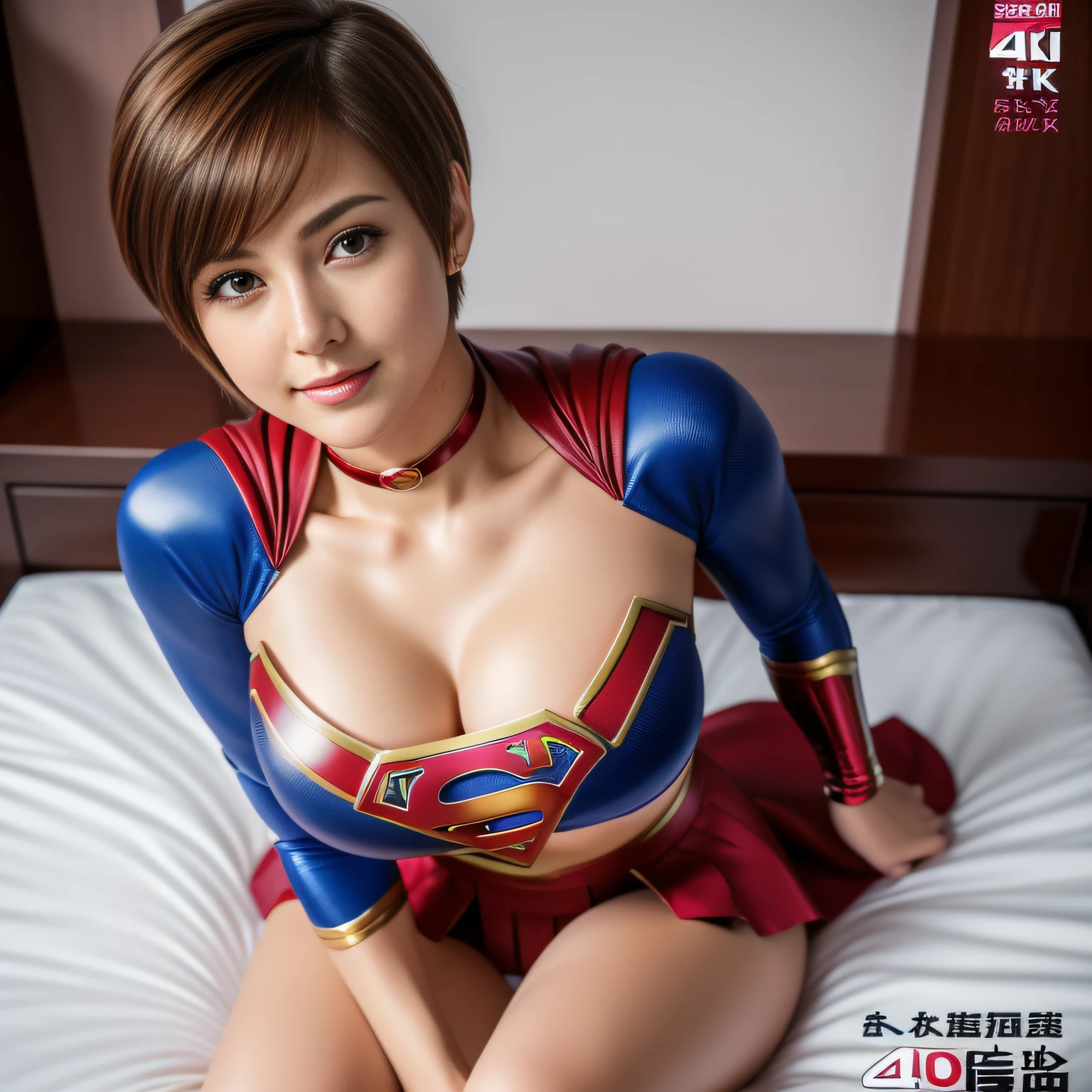 (Best Quality,4K,8K,hight resolution,masutepiece:1.2),Ultra-detailed,Realistic:1.37,Super masterpiece,Short-haired Supergirl sitting on bed、large full breasts、Looking at the camera、Glossy costume、a choker、bare-legged、Weekly magazine cover、Cheerful pose