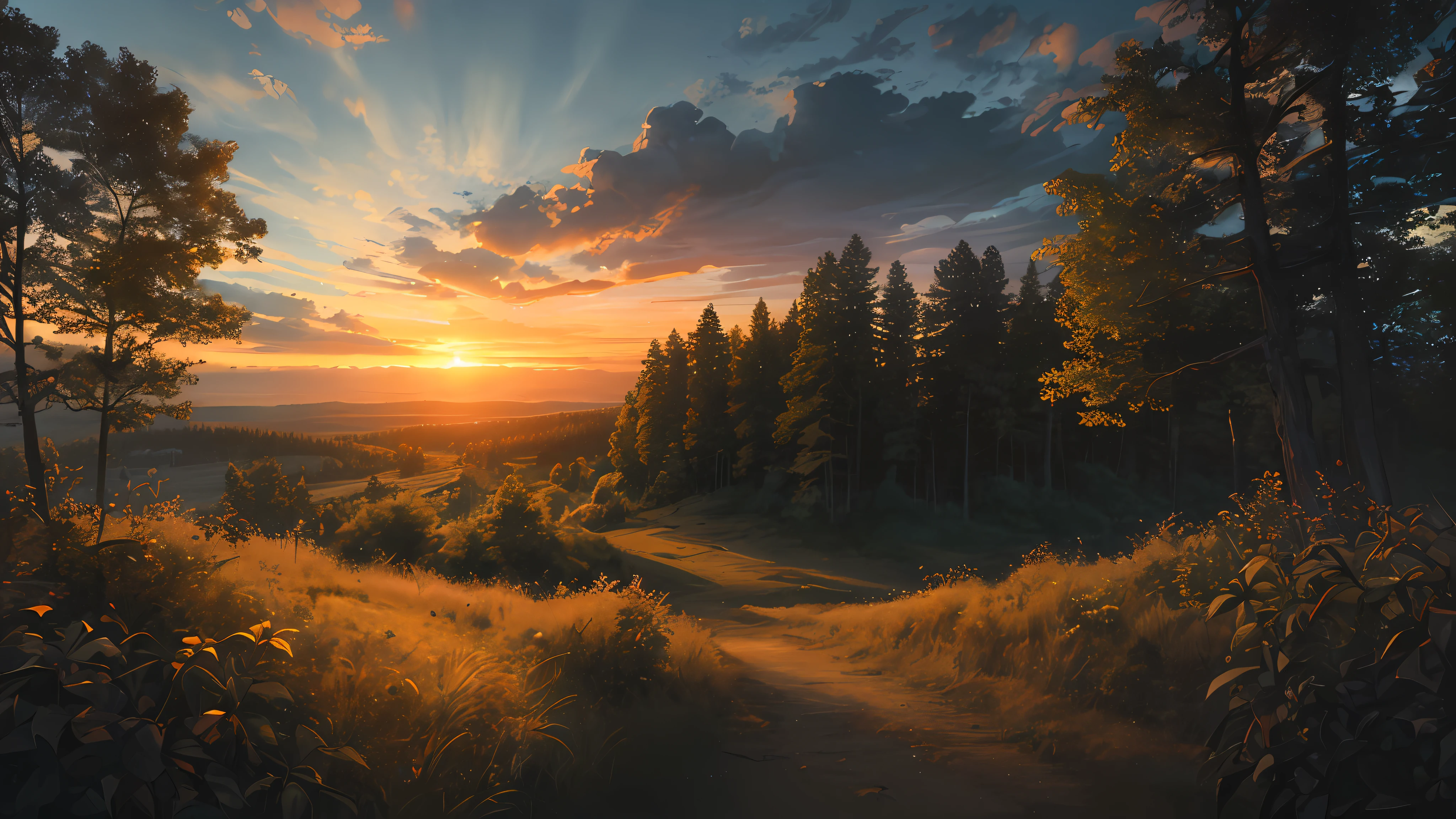 (masterpiece, best quality:1.2), ultra detailed, cinematic lighting, HDR, ilustration,  sunrise, forest, impressive, chill, inspirational,