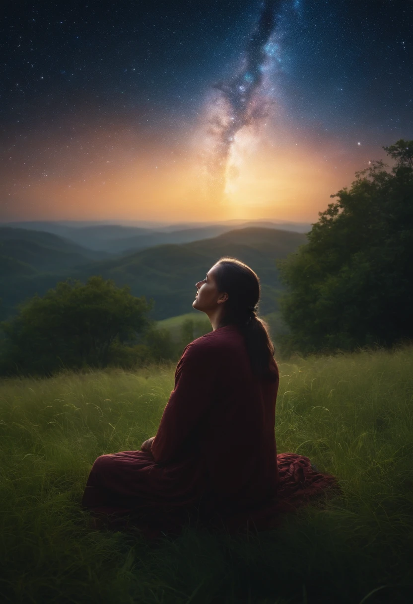 A person in prayer and in tune with God in the grass and with the sky full of galaxies image in 4k and realistic