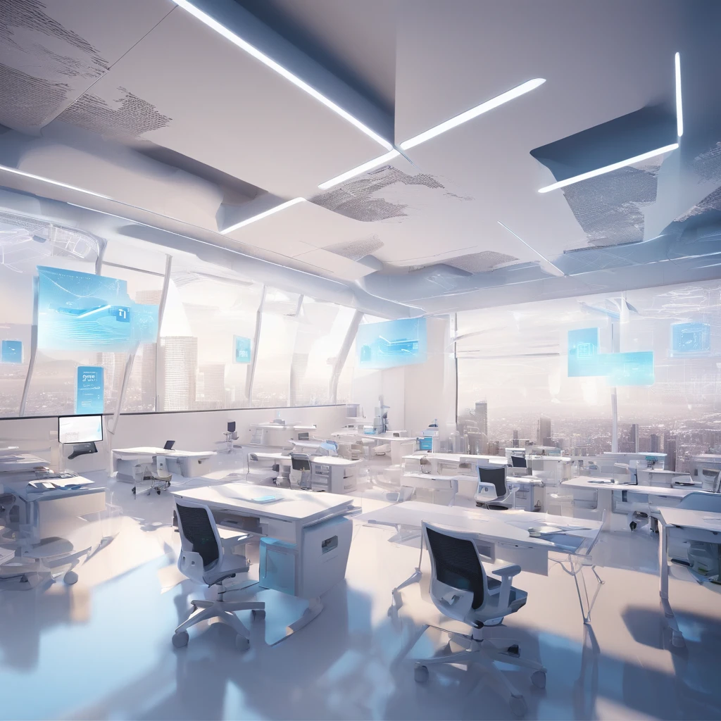 Depict a bright classroom,Full of technology atmosphere。Students in the classroom are learning data analytics,They can explore a variety of scenarios and knowledge in an immersive way。Show the technology and innovation of modern education, has a white theme.