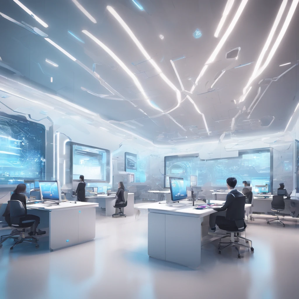 Depict a bright classroom,Full of technology atmosphere。Students in the classroom are learning data analytics,They can explore a variety of scenarios and knowledge in an immersive way。Show the technology and innovation of modern education, has a white theme.