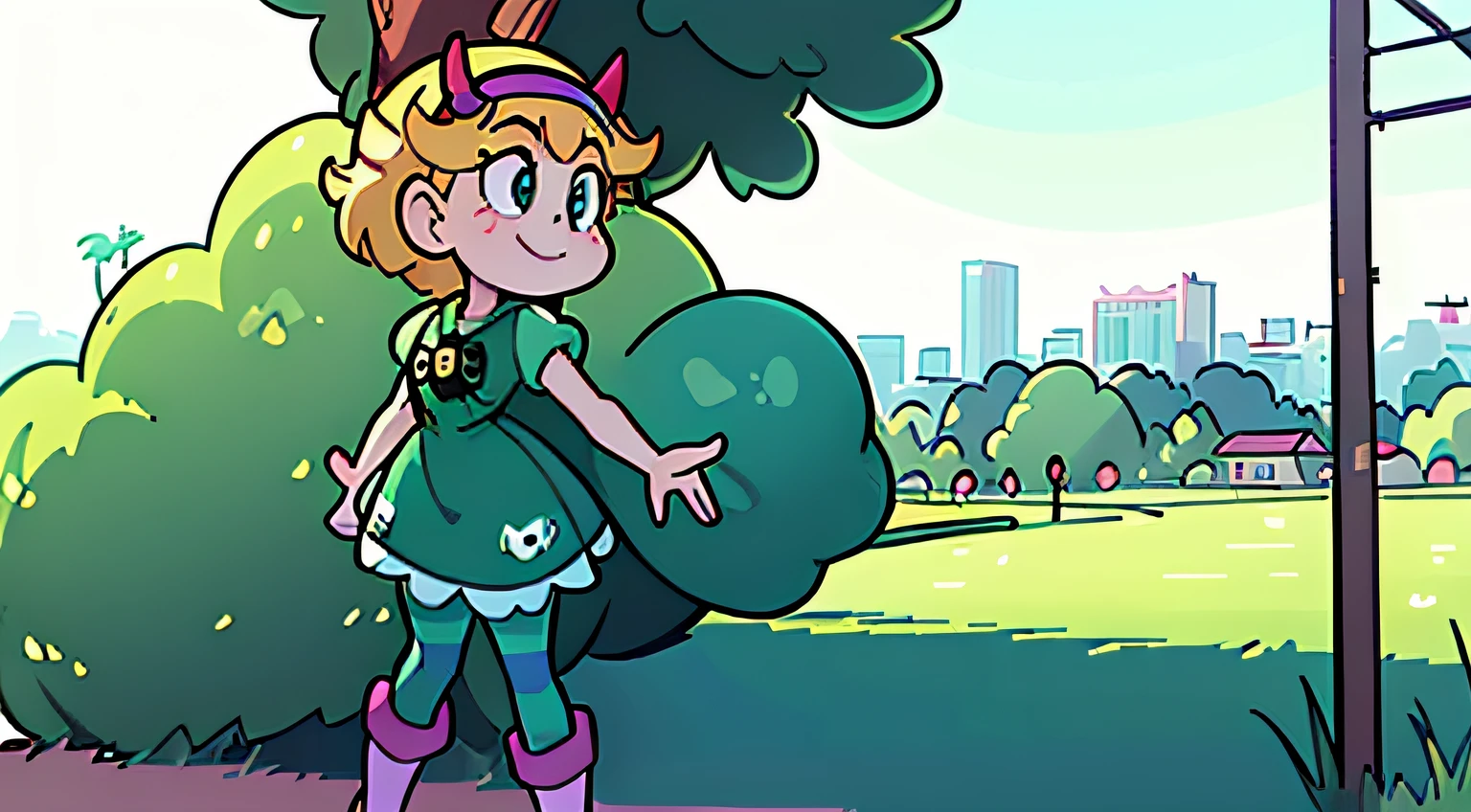 (masterpiece, best quality, high resolution:1.4), (film still:2), movie, theatrical, trailer, action shot, animation, disney, 1girl, woman, star butterfly, smile, happy, walking in the park, horn hairband, green spider outfit, pantyhose, big boots, mid body shot, (((Los Angeles))) backdrop,