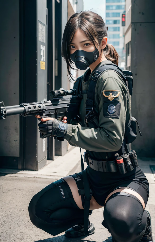 A woman in a black mask and green jacket holding a gun - SeaArt AI